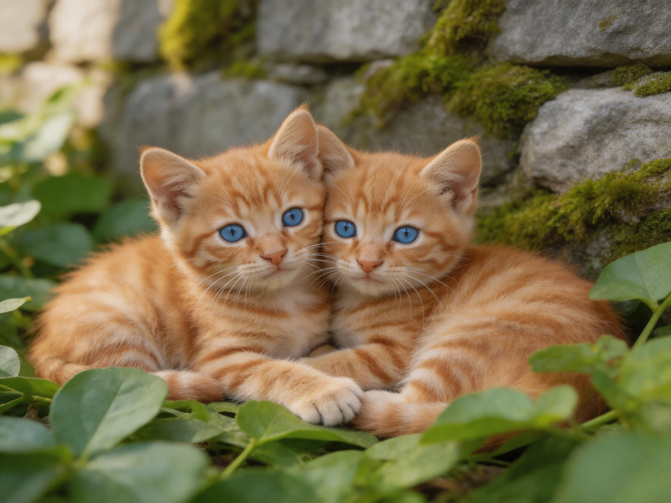 Two orange tabby kittens rest among greenery beside a mossy stone wall