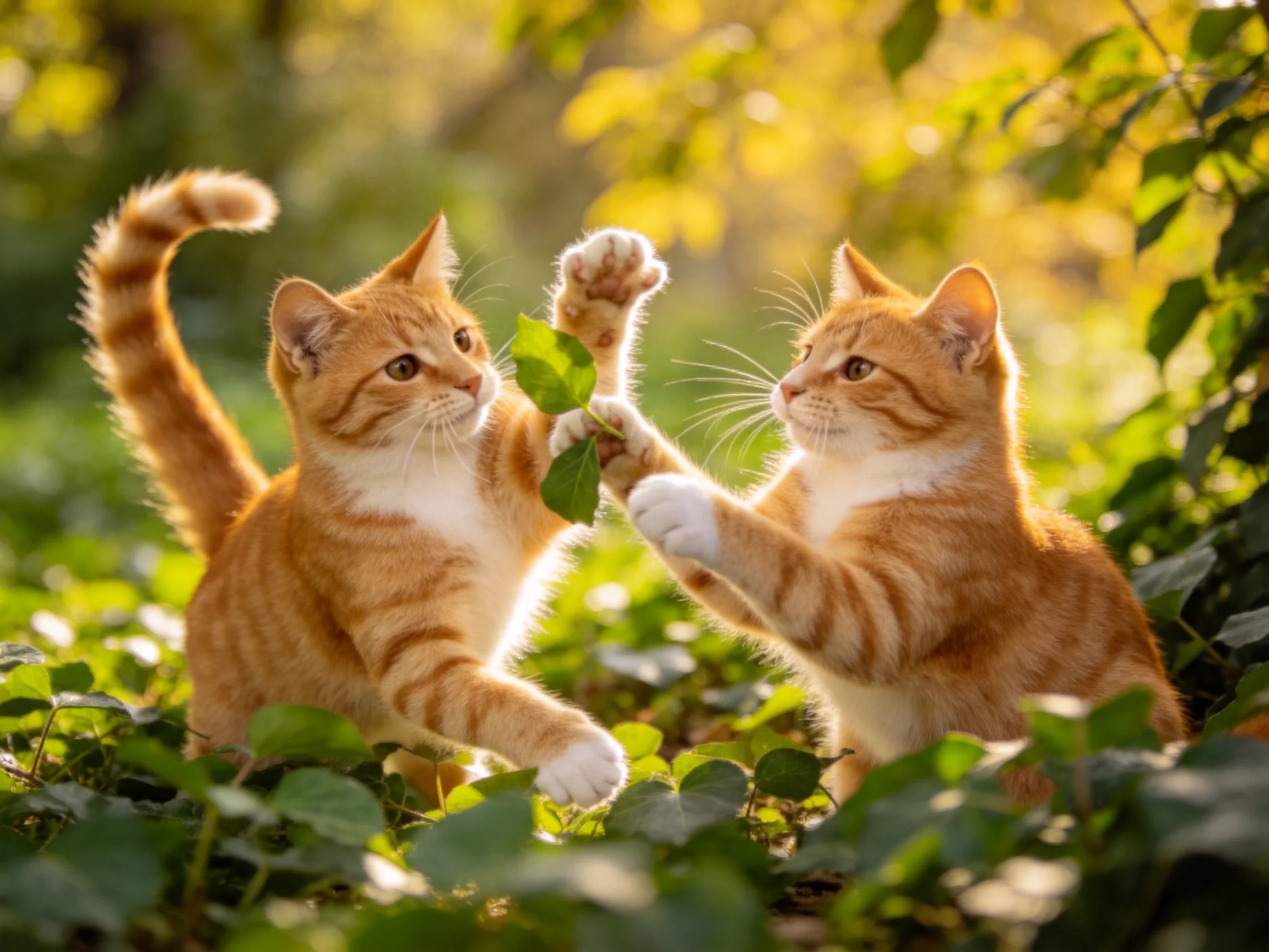 Two orange tabby kittens share a leaf in a sun-drenched garden