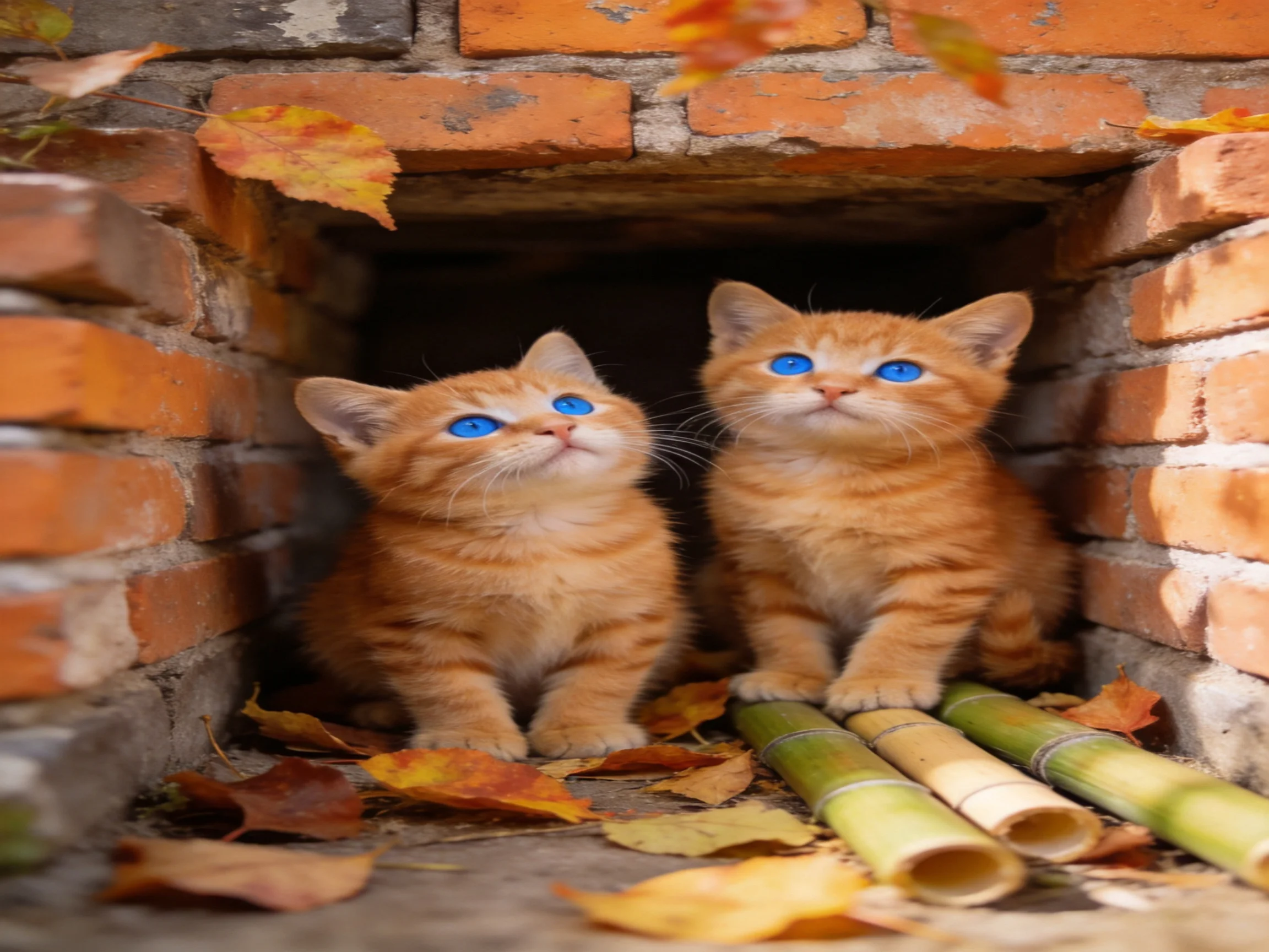 Two orange tabby kittens with blue eyes in a brick nook among autumn leaves