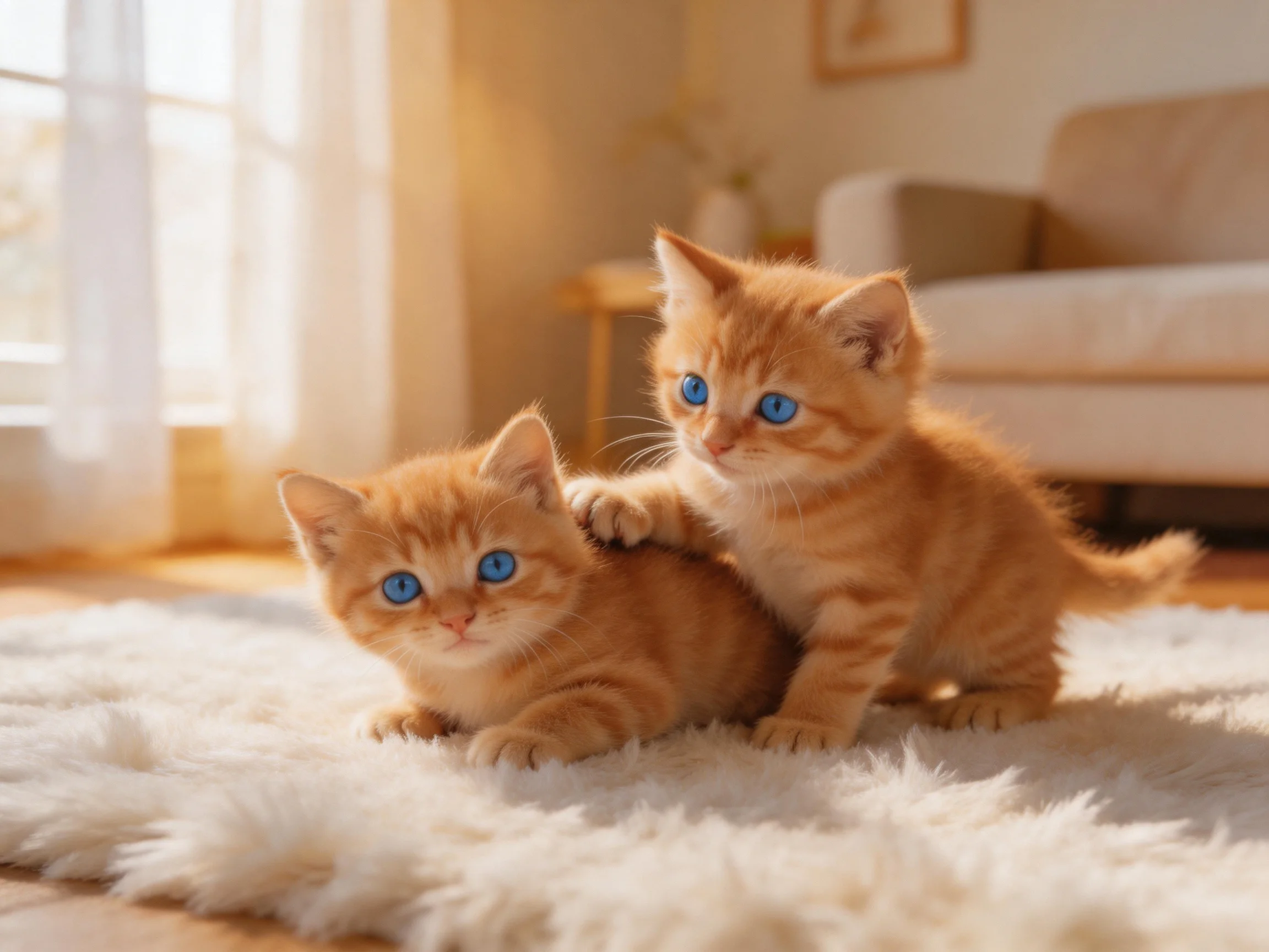 Two orange tabby kittens with blue eyes play on a fluffy white rug