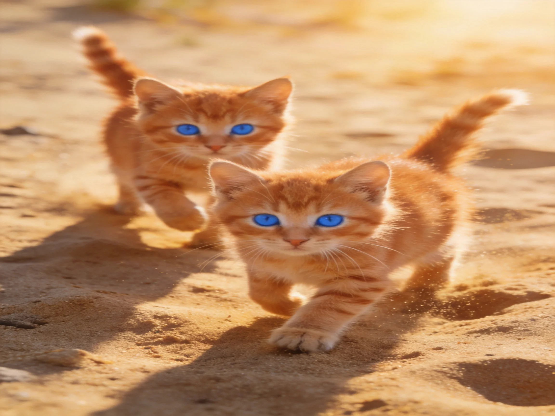 Two orange tabby kittens with bright blue eyes running on sandy ground