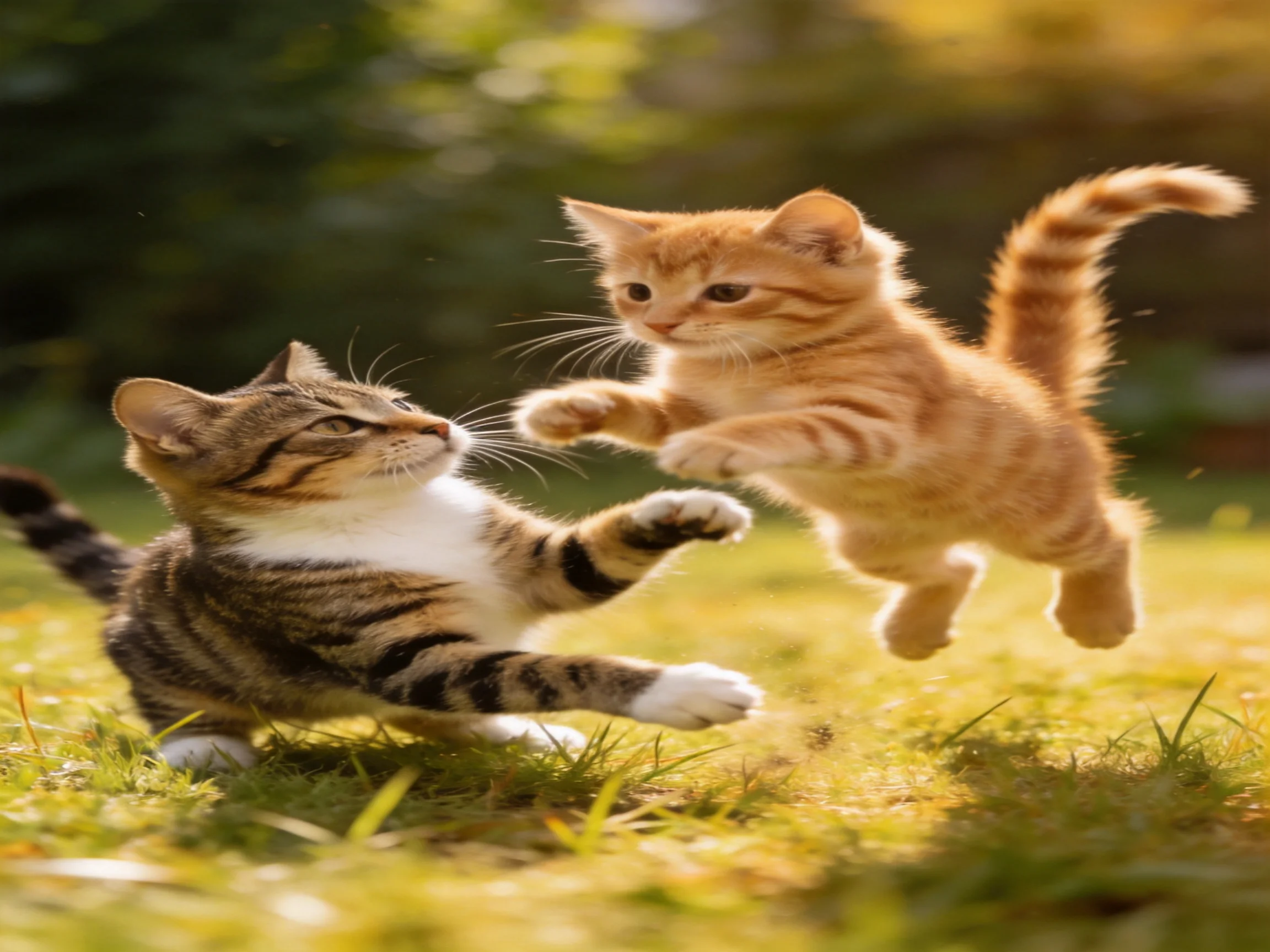 Two playful kittens—one orange, one tabby—interact on sunlit grass