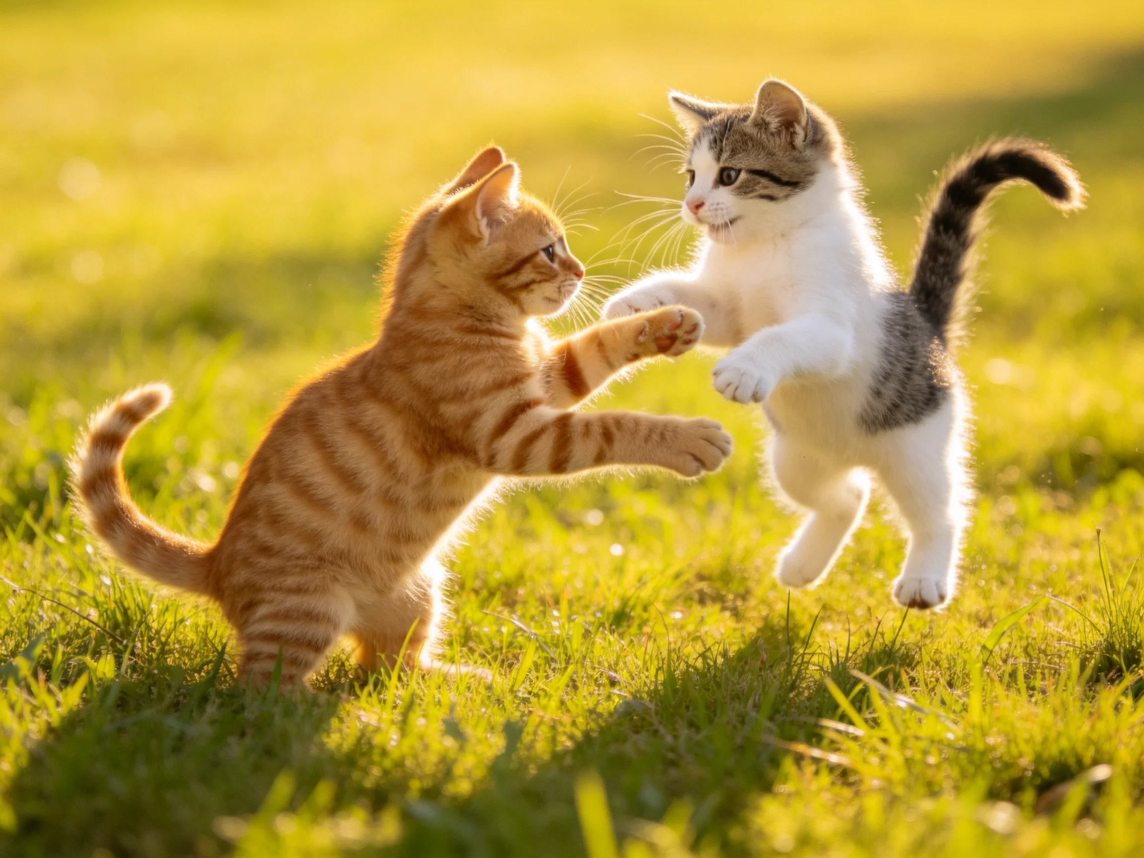 Two playful kittens—one orange tabby, one white with gray—play on sunlit grass