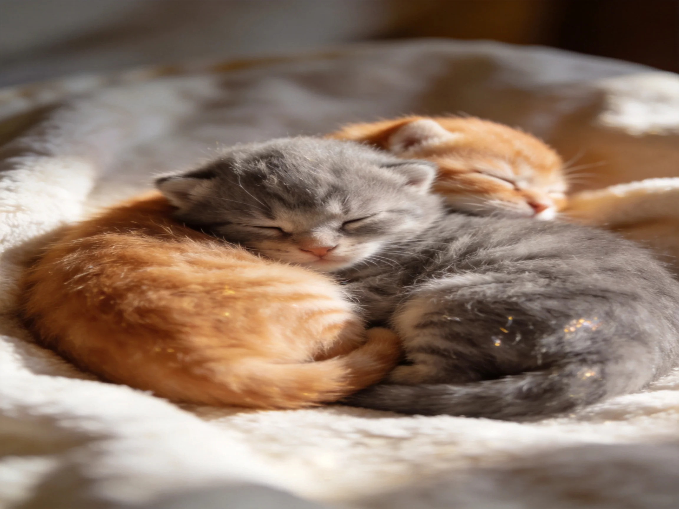 Two small orange and gray kittens cuddle on a soft white blanket