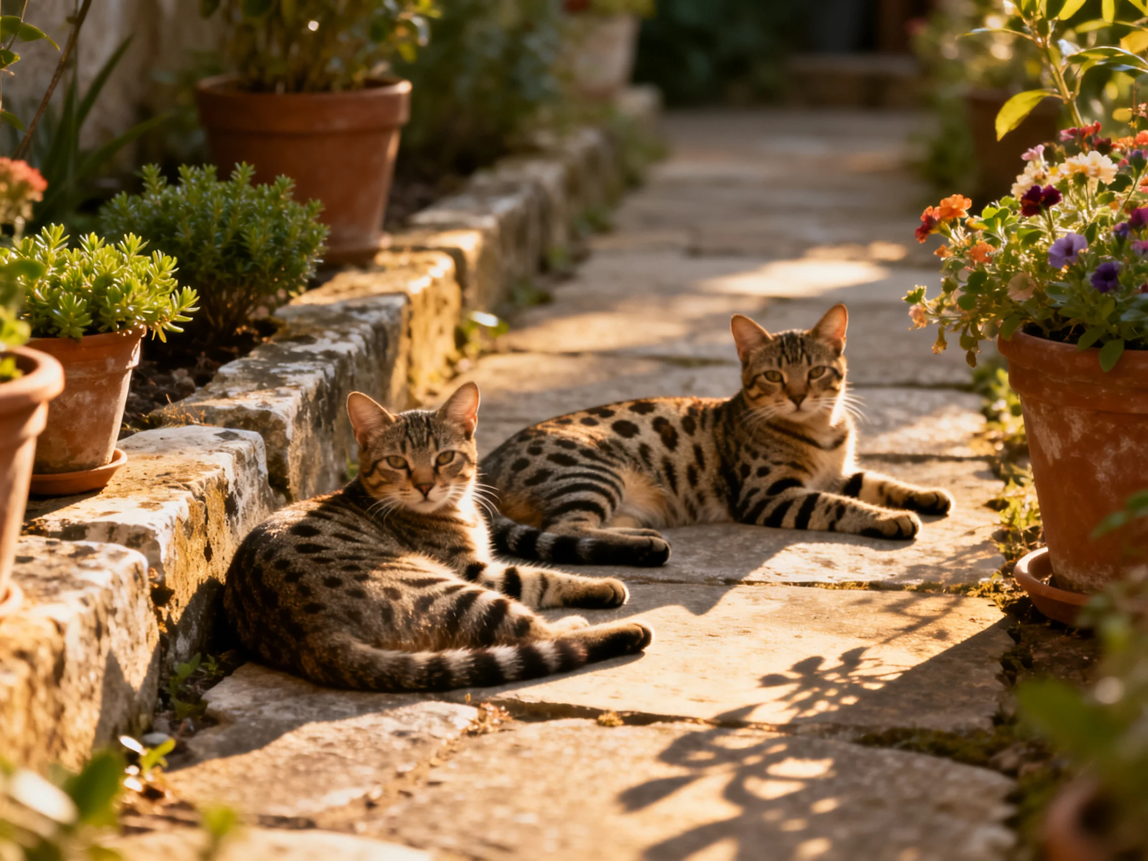 Two spotted tabby cats relax on a sunlit stone pathway with potted plants