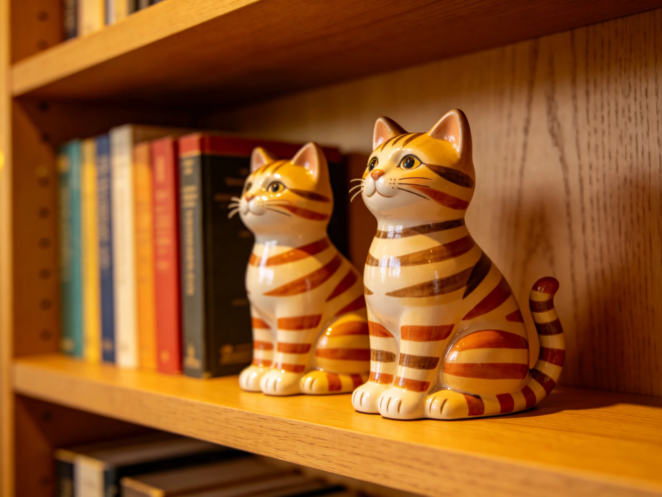 Two striped cat figurines sit beside colorful books on a wooden shelf