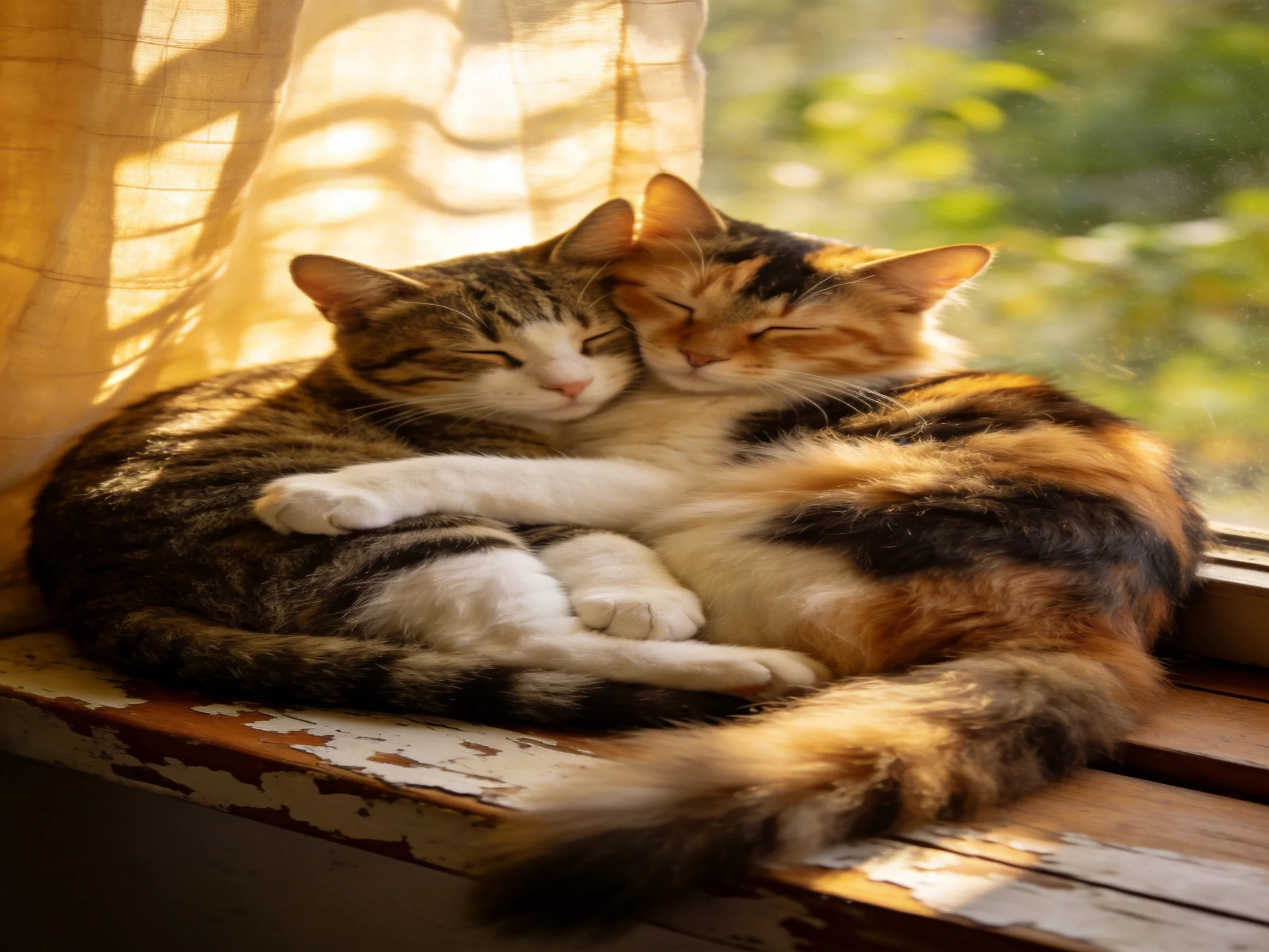 Two tabby and calico cats cuddle on a sunlit wooden windowsill
