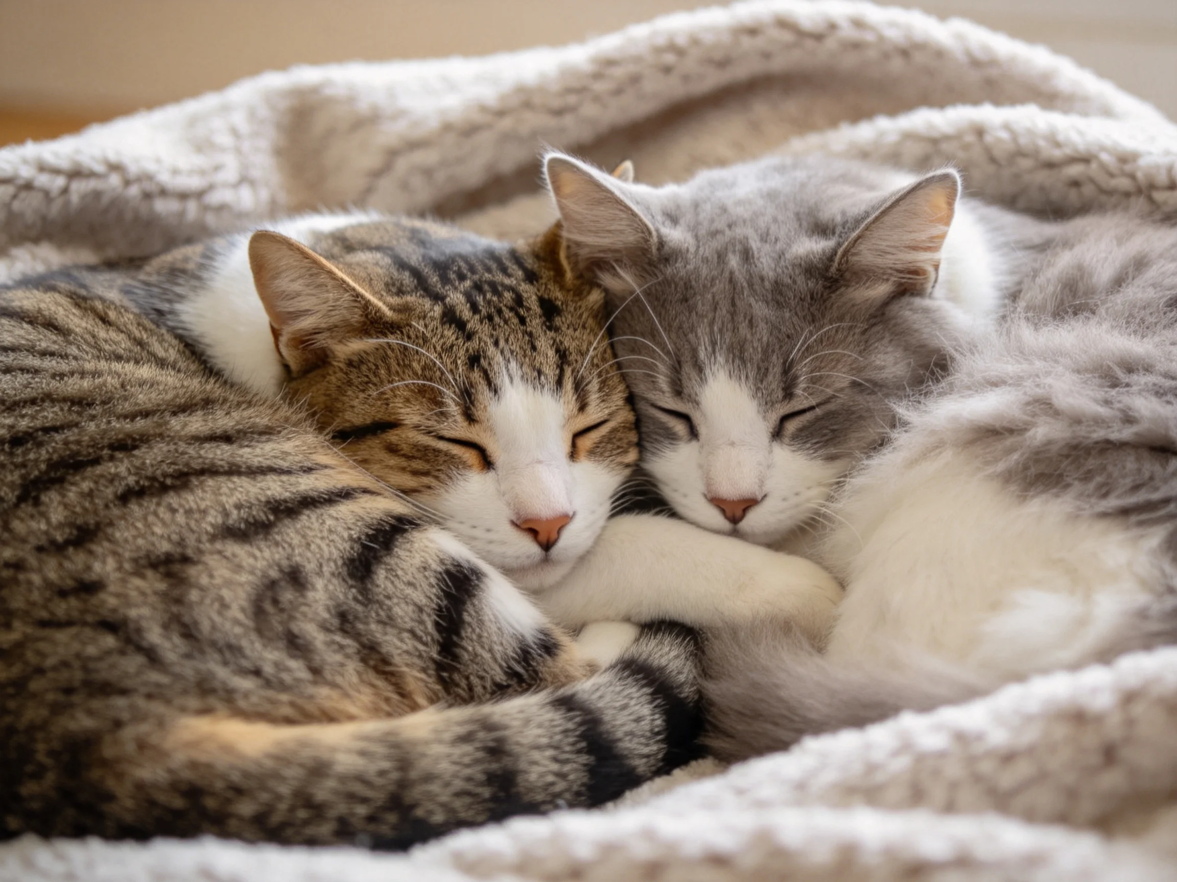 Two tabby and gray cats cuddle on a soft blanket