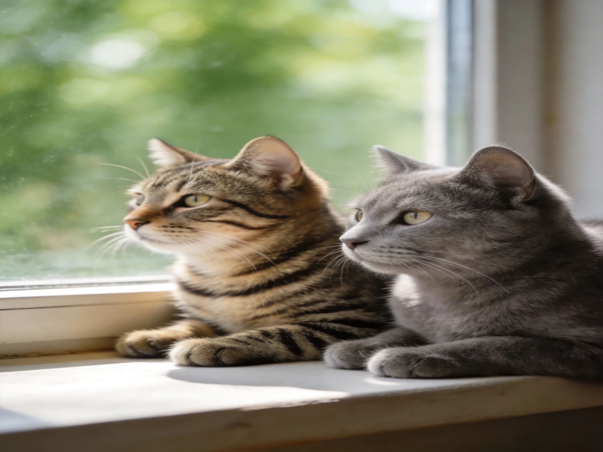 Two cats rest together on a sunlit windowsill.