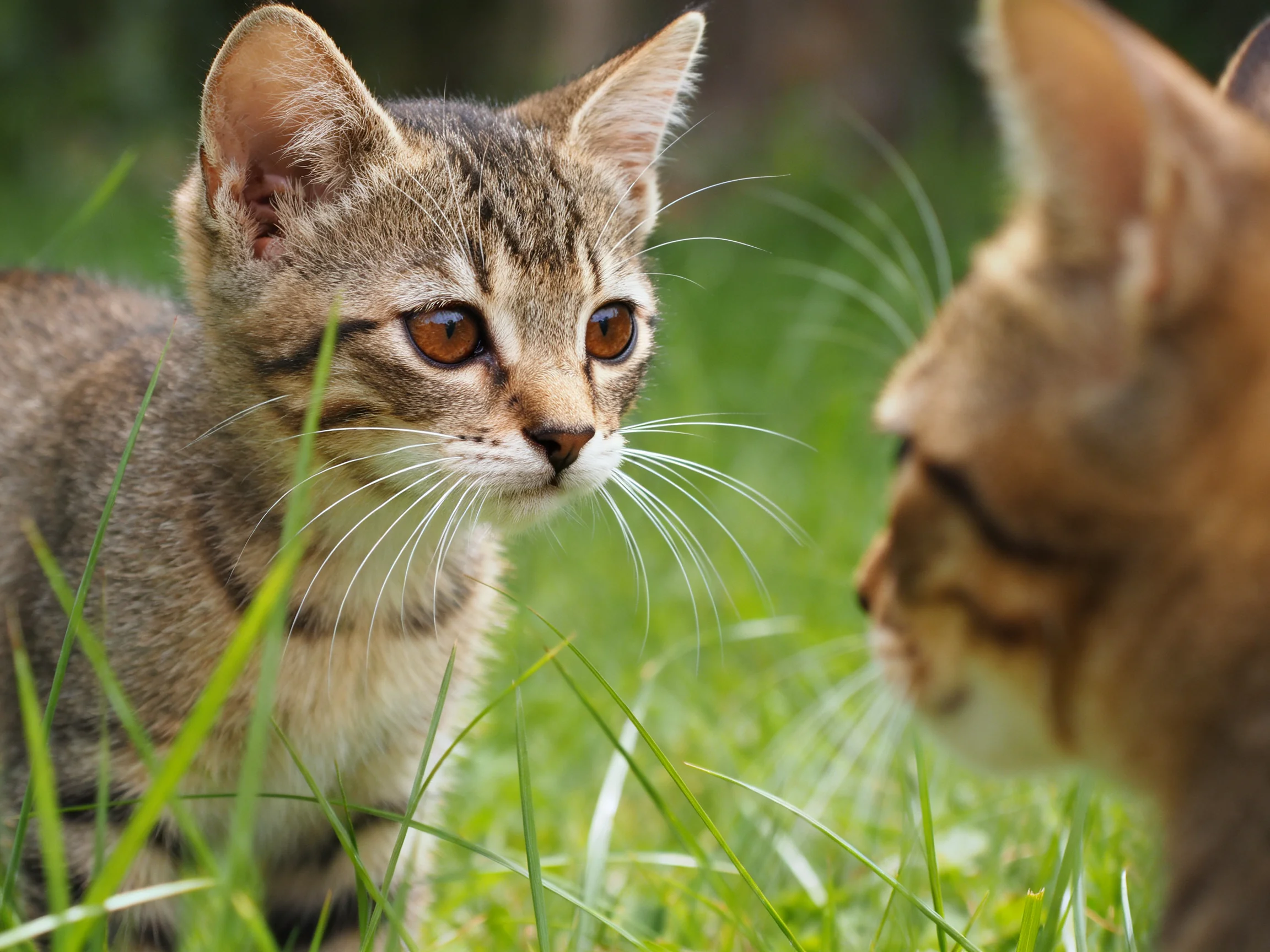 Two tabby and orange cats facing each other in tall grass