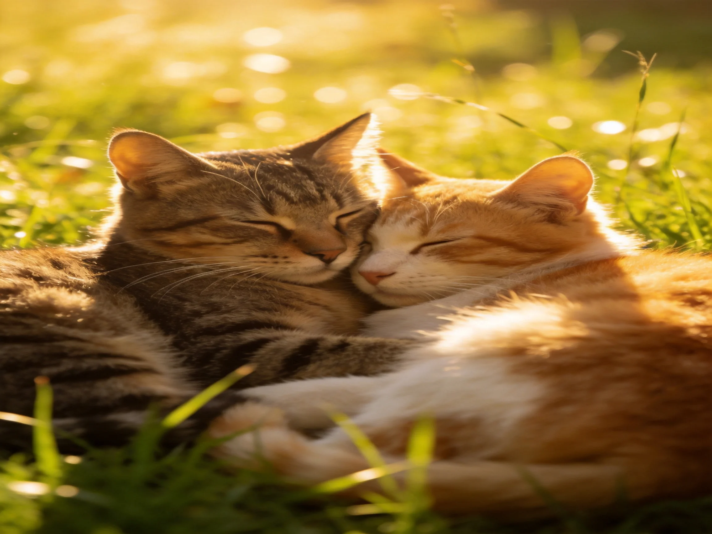 Two cats cuddle closely in a sunlit grassy setting.