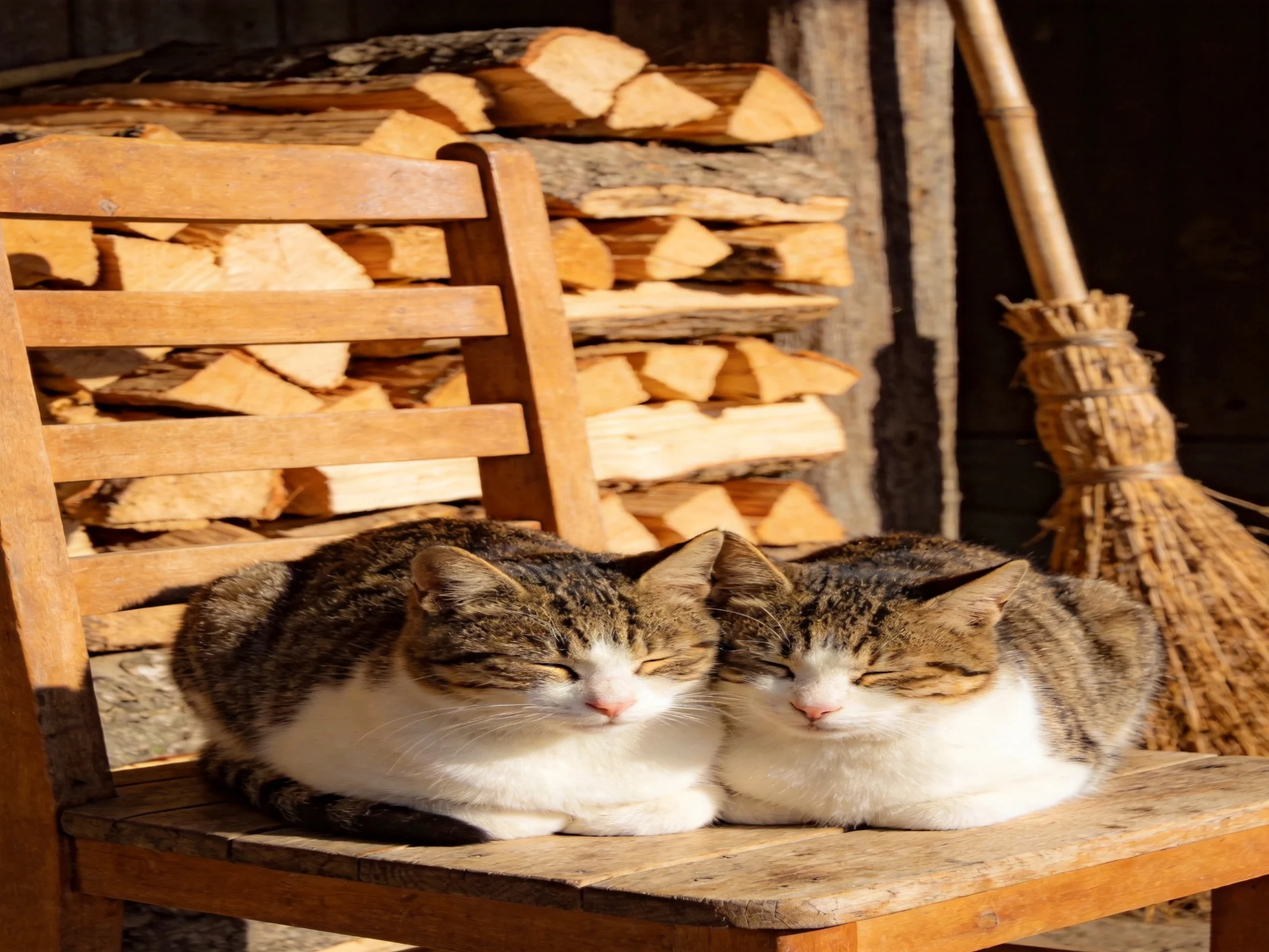 Two tabby-and-white cats rest on a wooden chair near stacked firewood