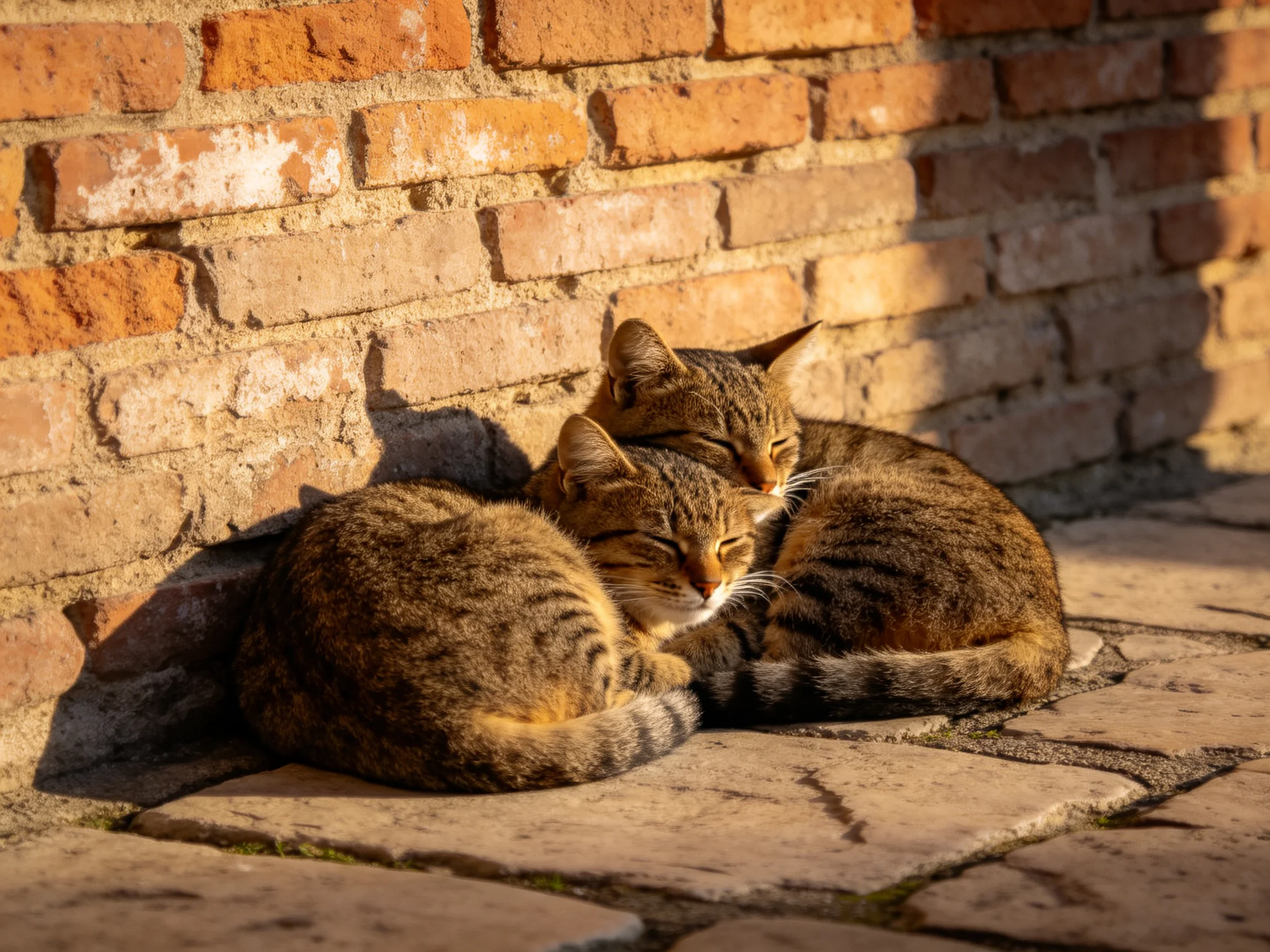 Two tabby cats cuddle by a weathered brick wall in golden sunlight
