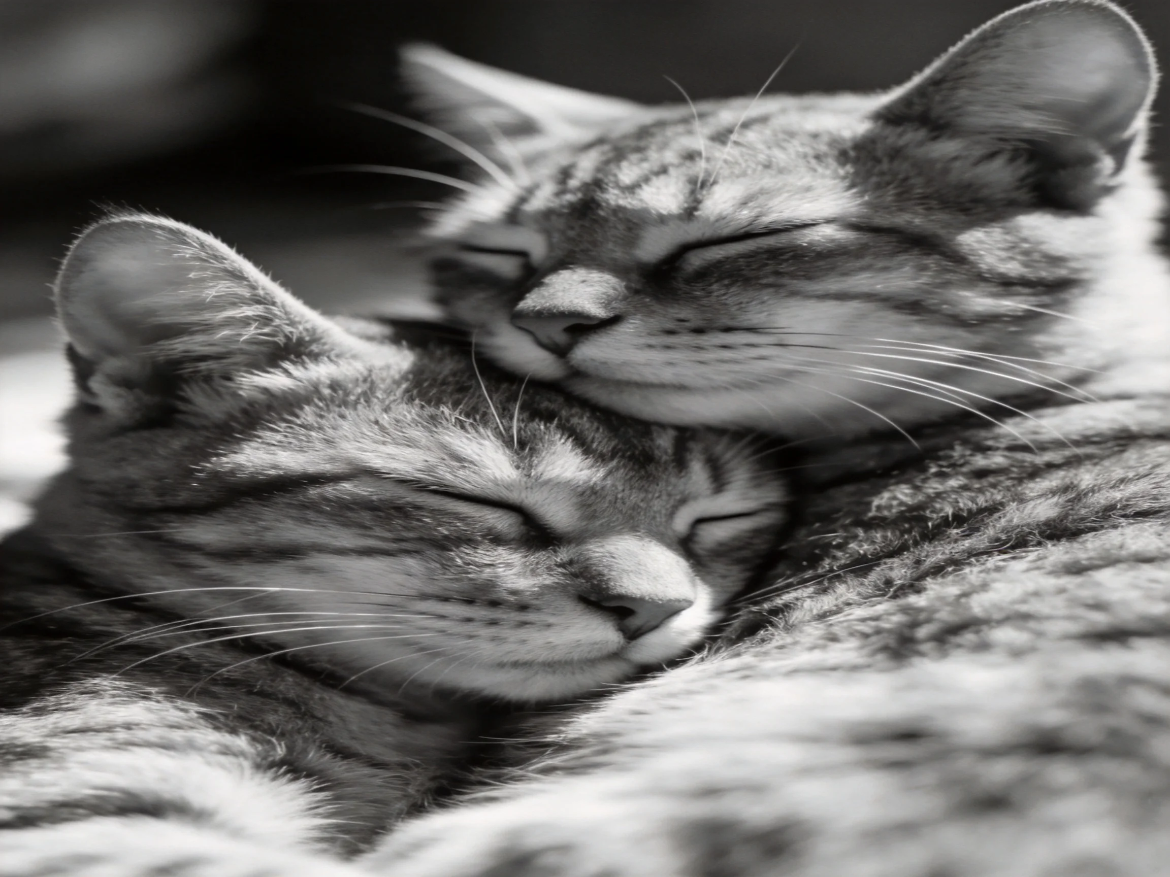 Two tabby cats cuddle closely in a peaceful setting