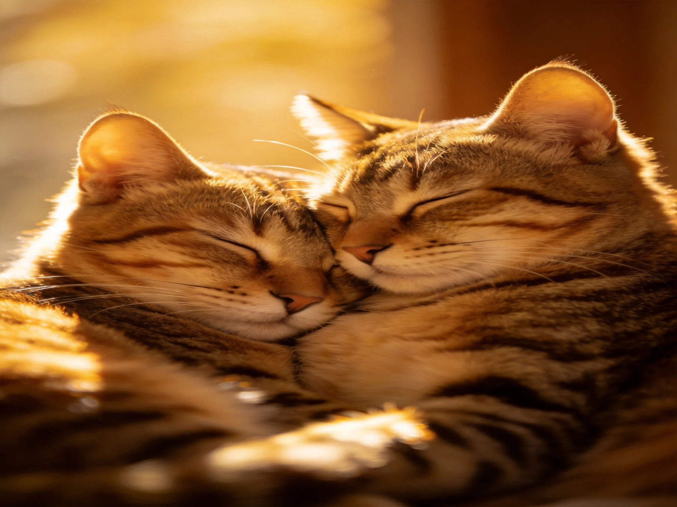 Two tabby cats cuddle closely in golden sunlight