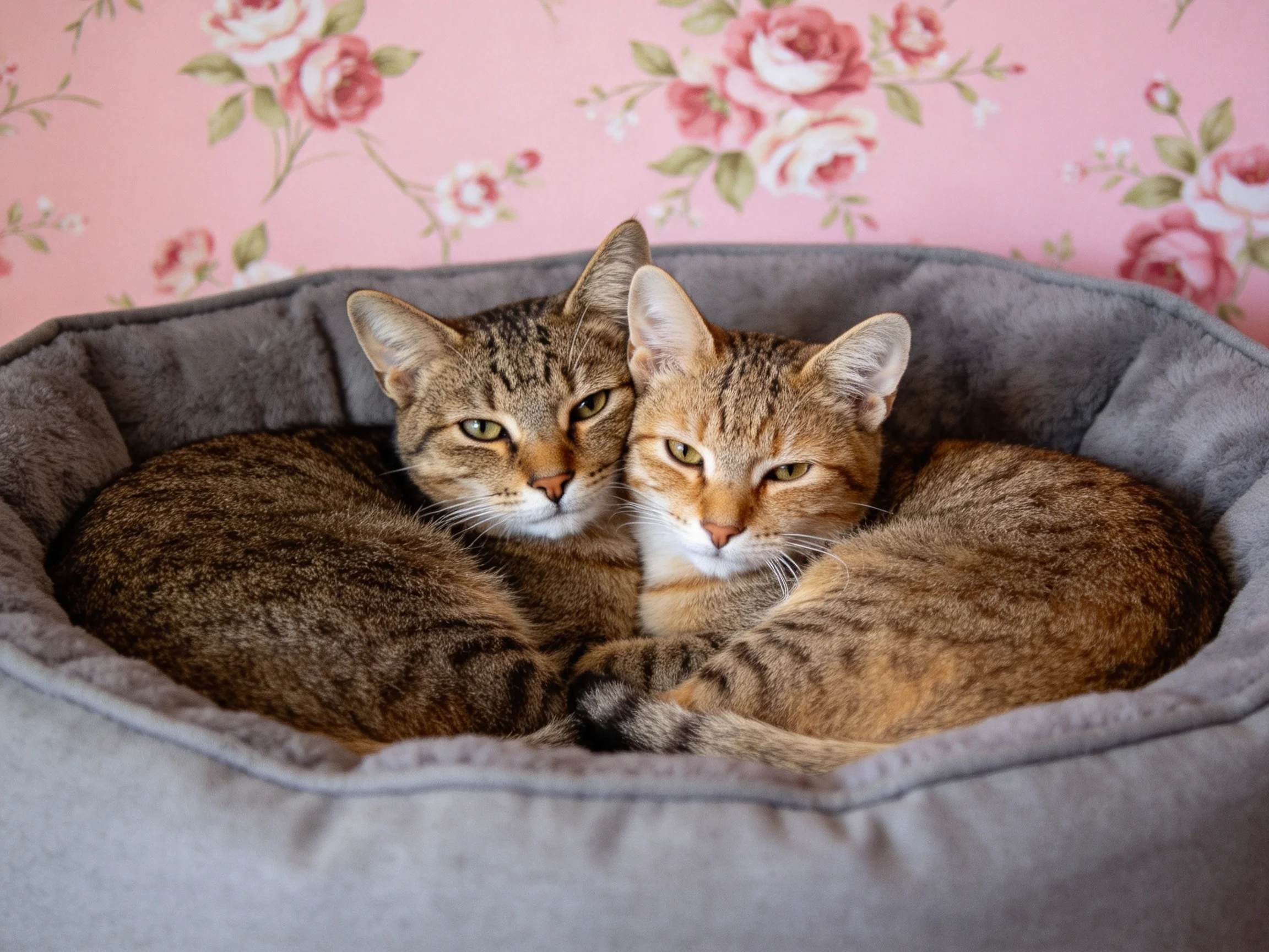 Two tabby cats cuddle in a gray pet bed near pink floral wallpaper