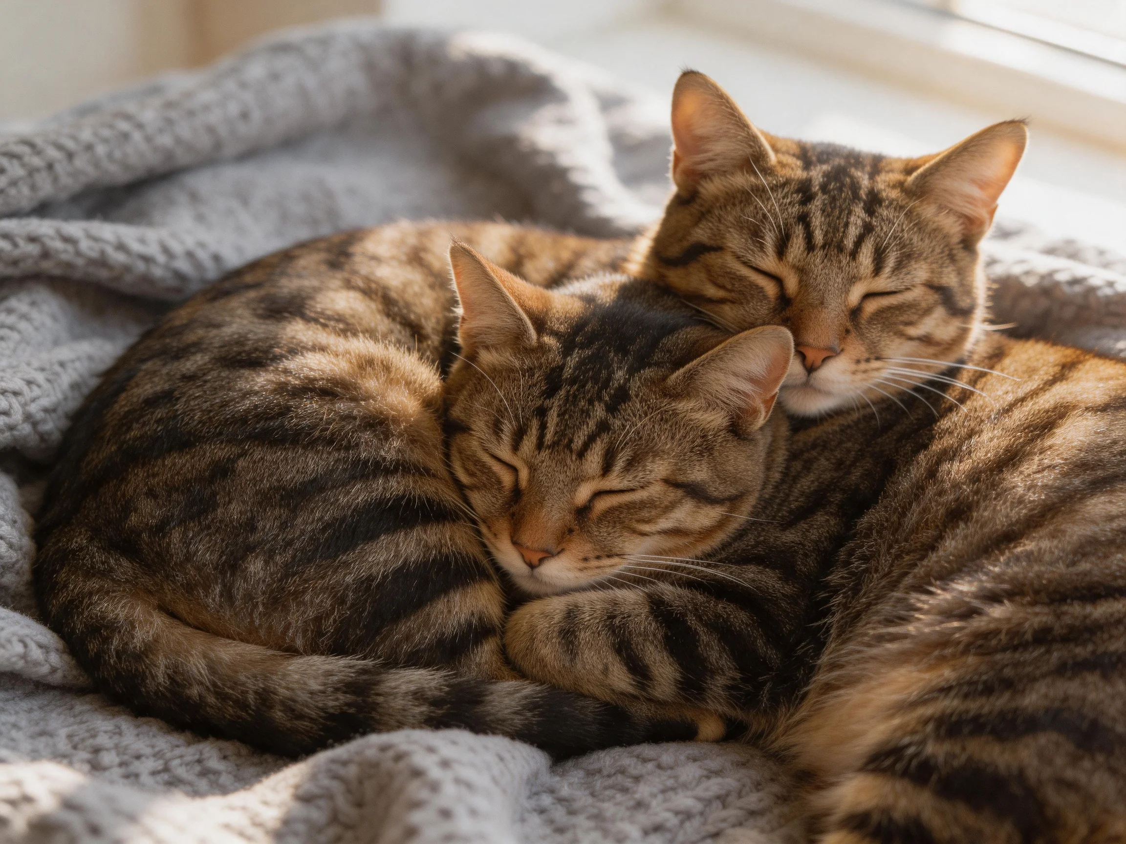 Two tabby cats cuddle on a soft gray blanket by natural light