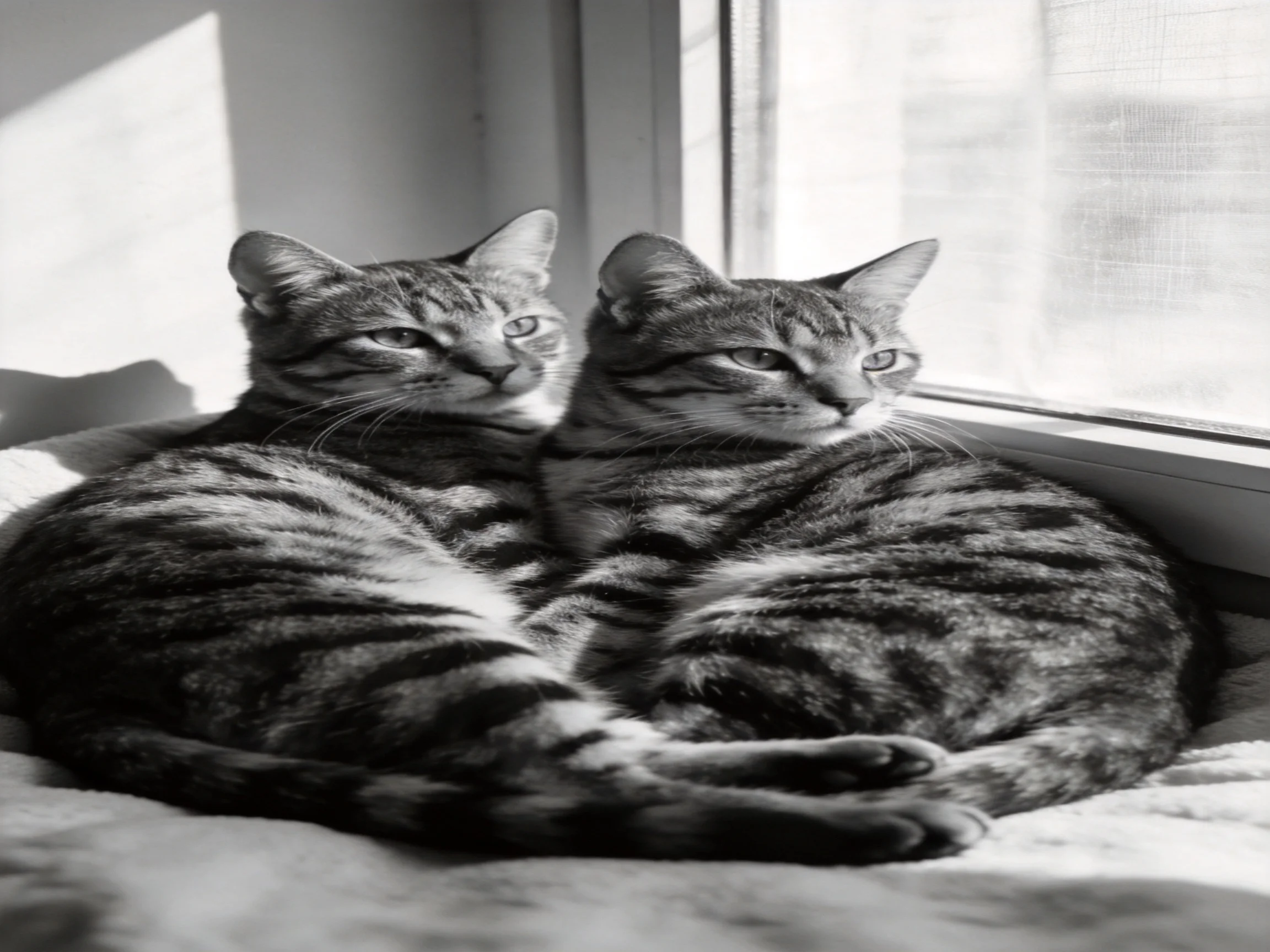 Two tabby cats cuddle together by a sunlit window in black and white