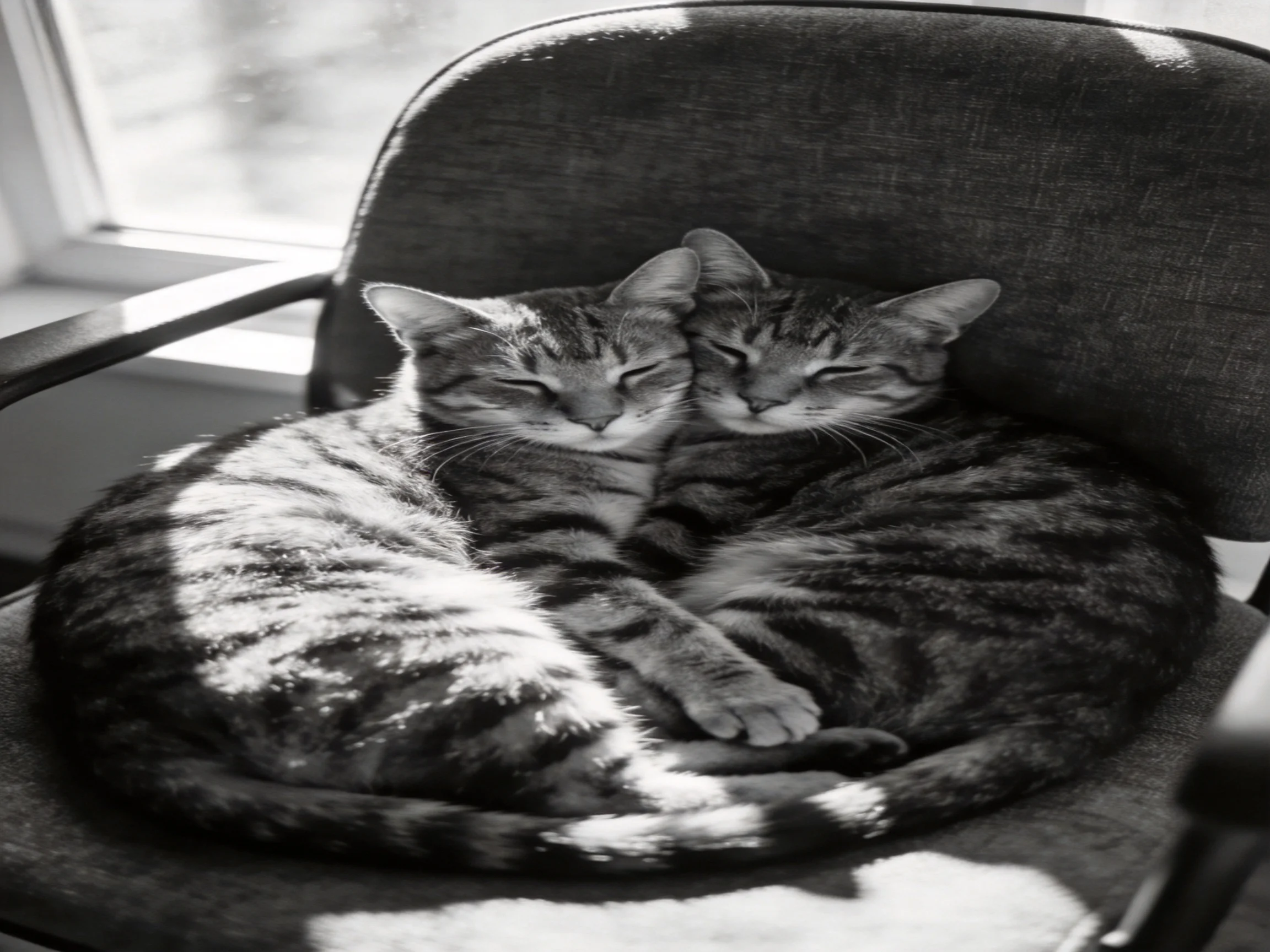 Two tabby cats cuddle together on a cushioned chair near a window
