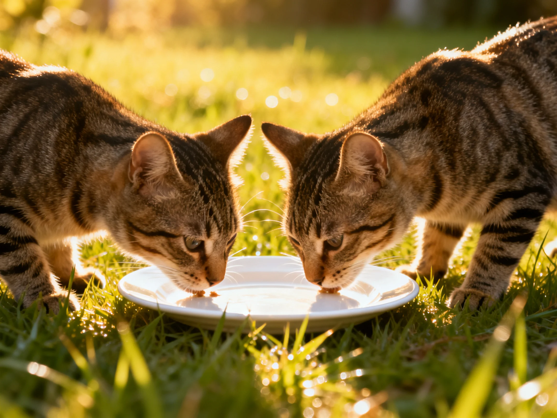 Two tabby cats drink from a white dish under golden sunlight