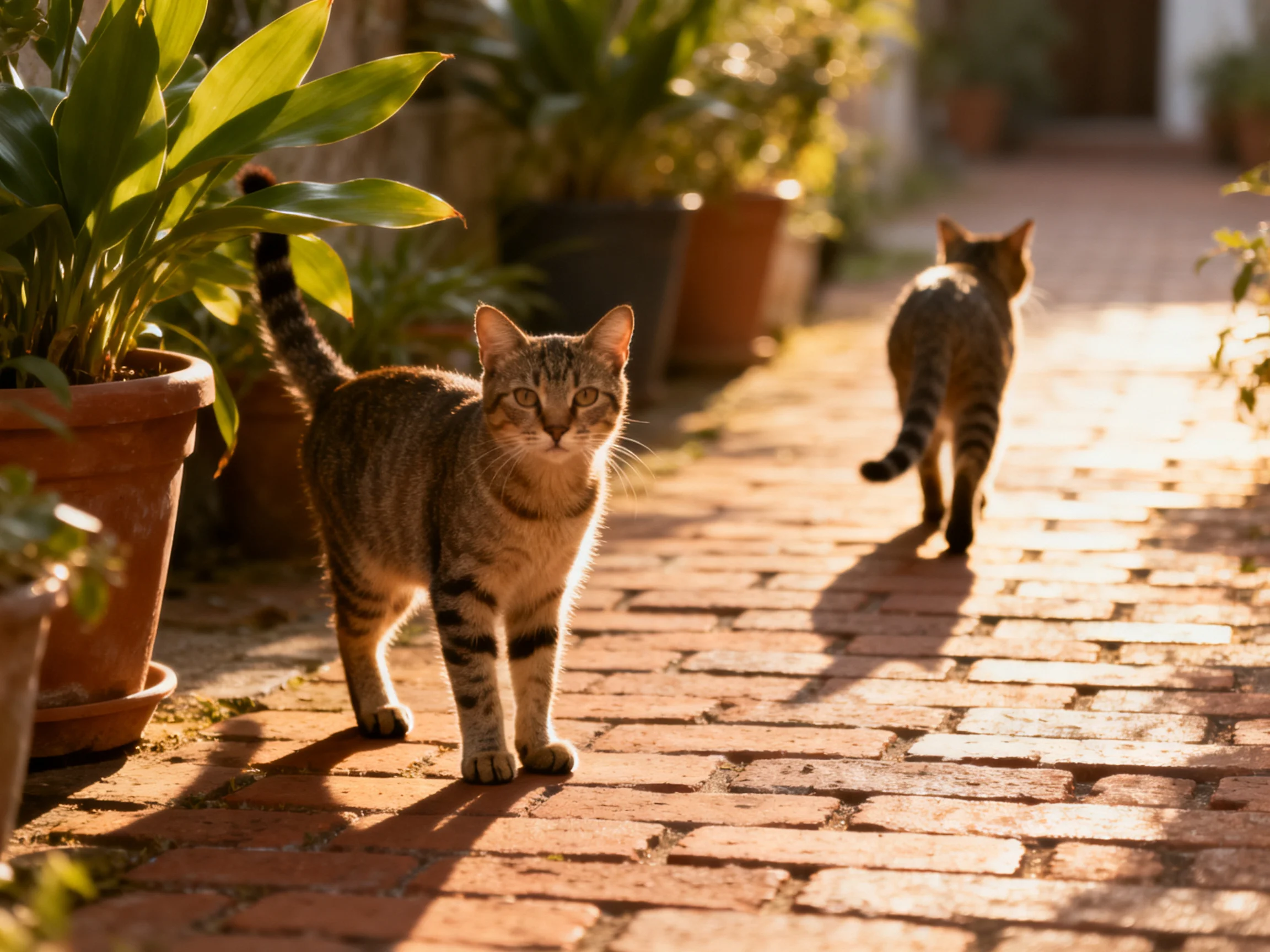 Two tabby cats explore a sunlit brick pathway with potted plants