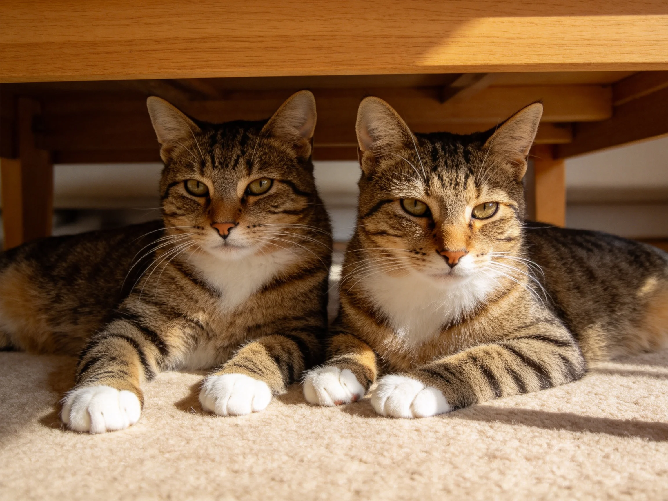 Two tabby cats lounge beneath a wooden structure on a beige carpet