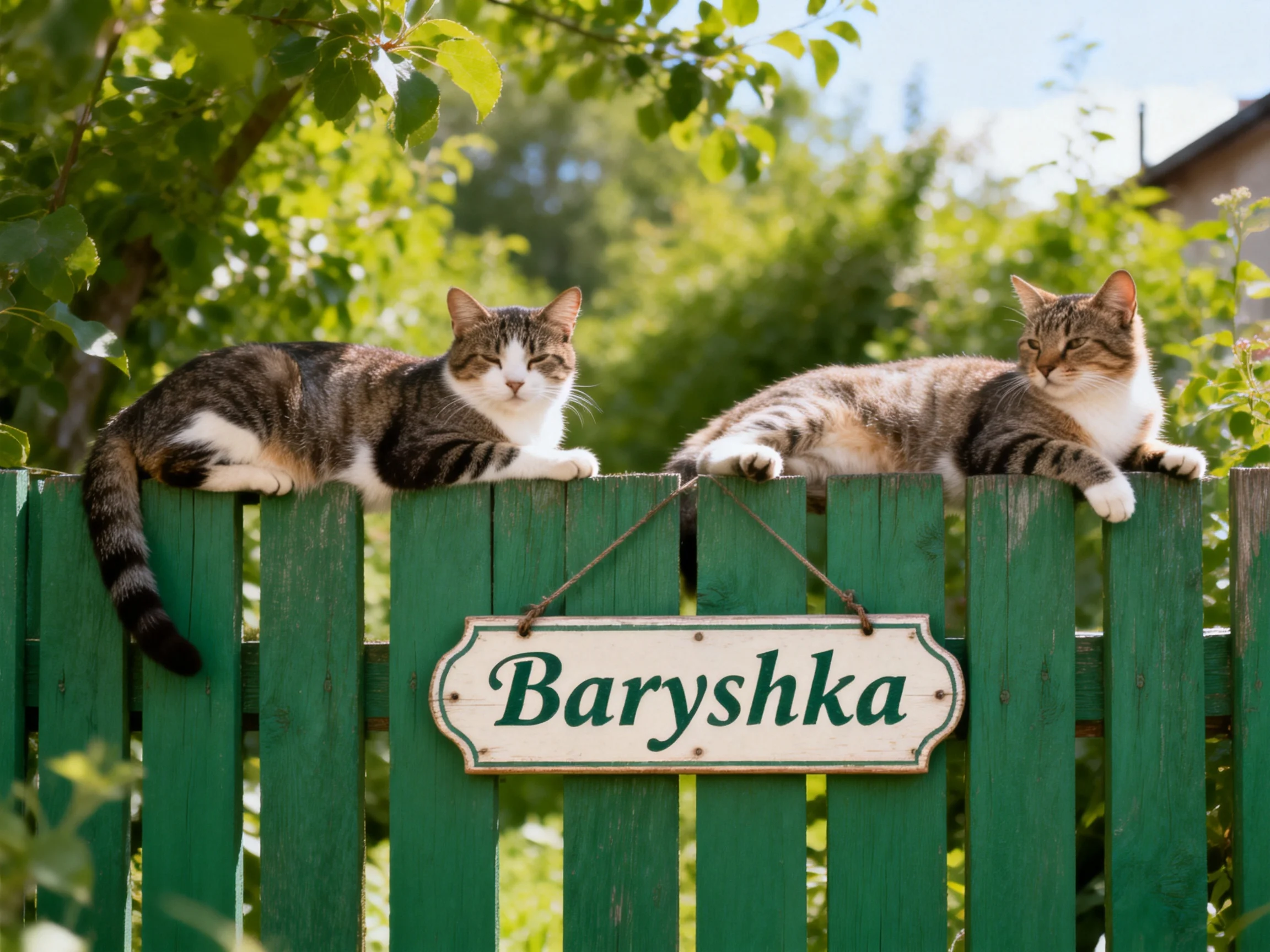 Two tabby cats lounge on a green wooden fence with Baryshka sign
