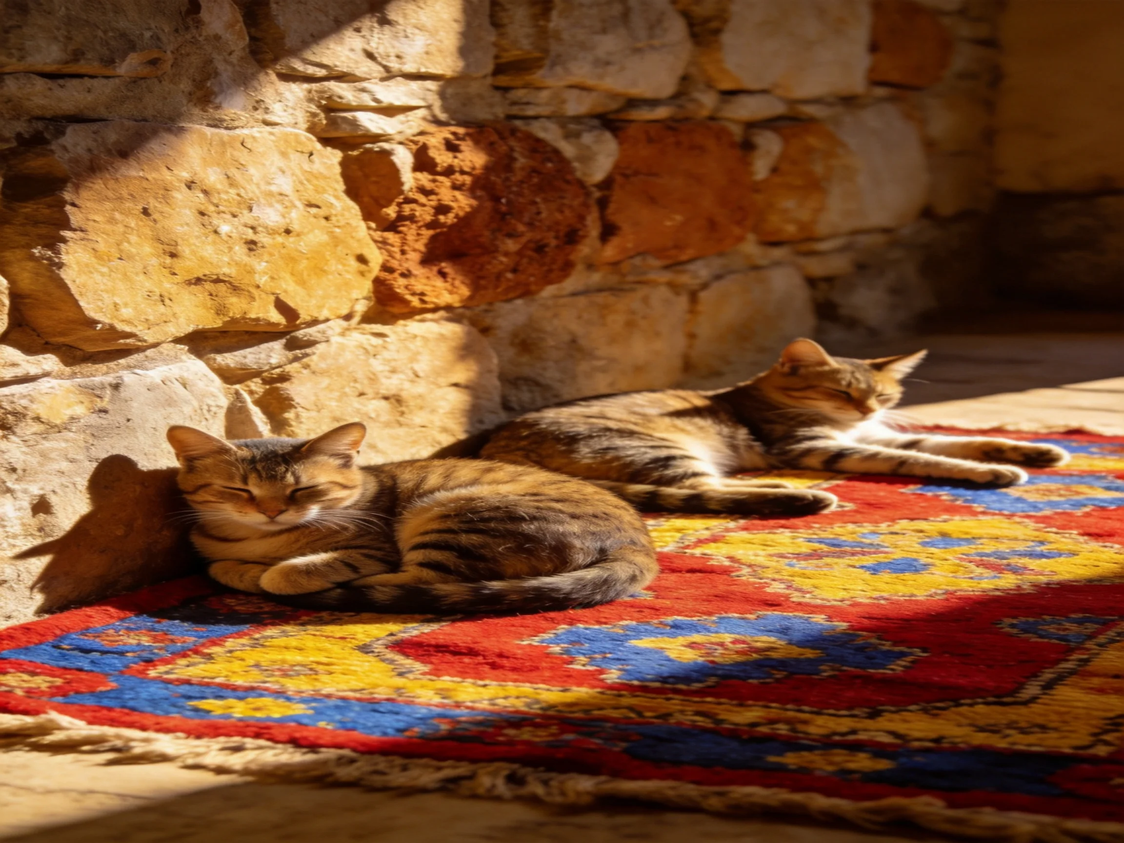 Two tabby cats lounge on a vibrantly patterned rug beside a stone wall