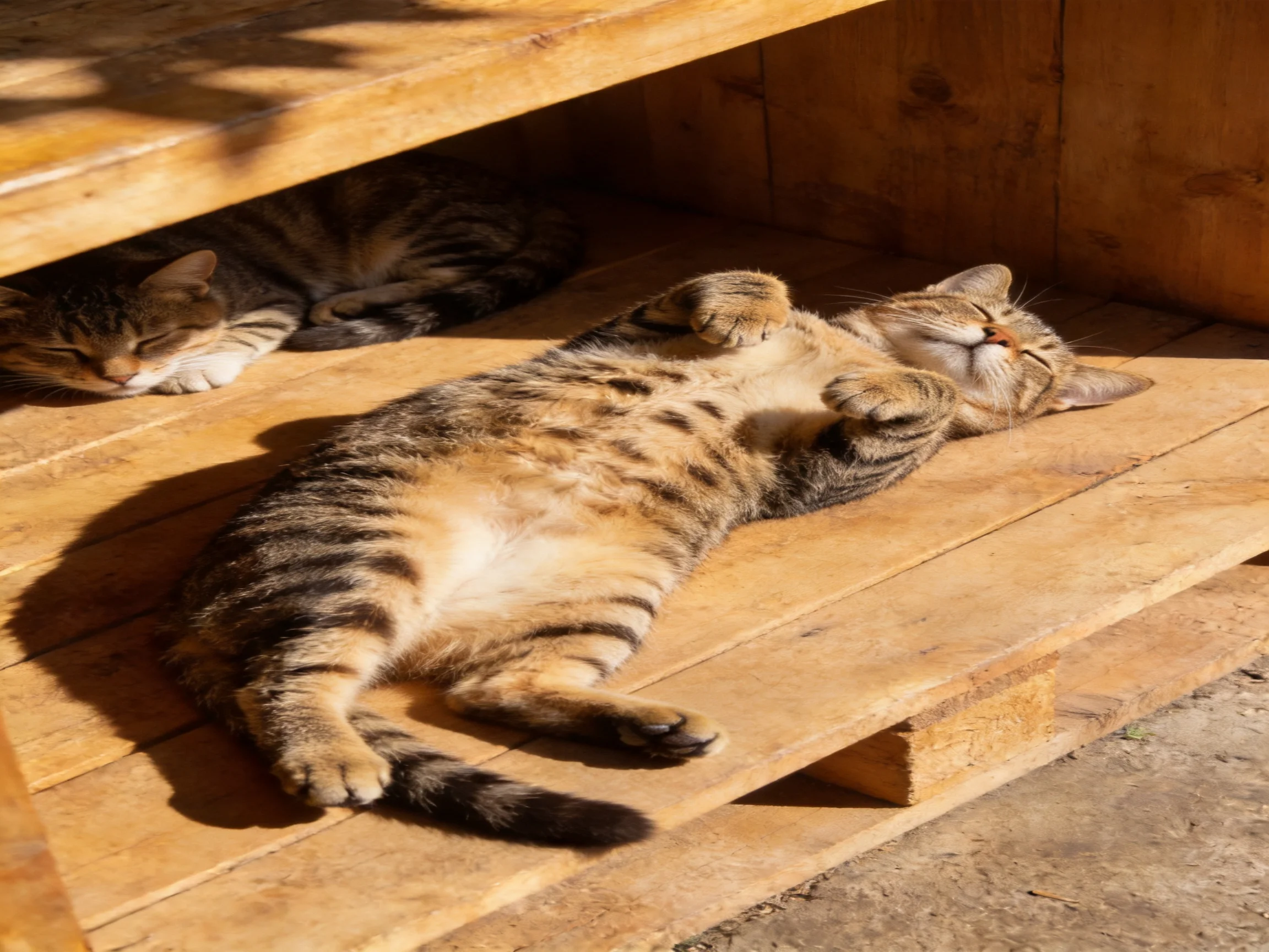 Two tabby cats lounging on a sunlit wooden structure