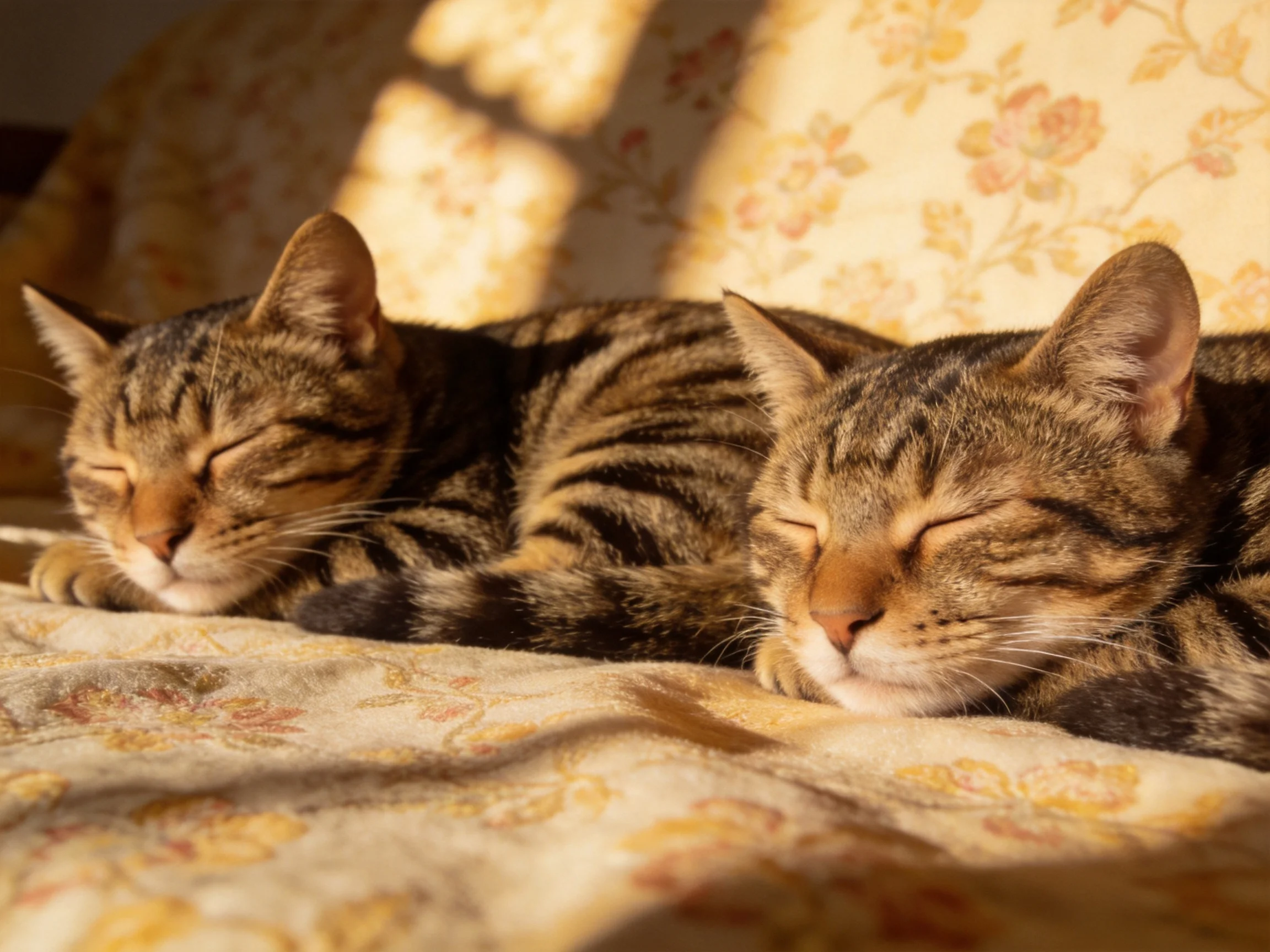 Two tabby cats rest on a floral cushion in bright sunlight.
