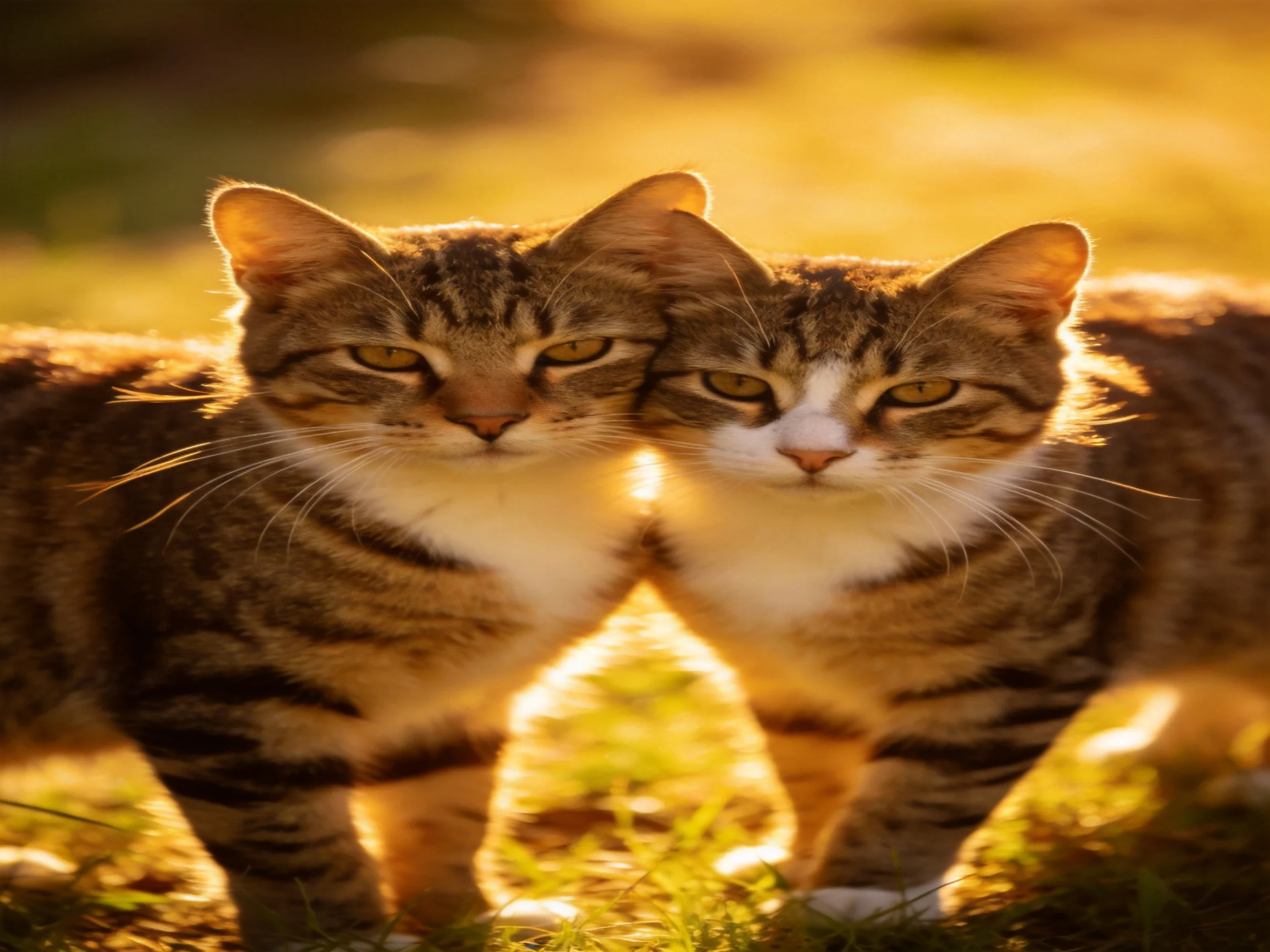 Two tabby cats nuzzle side by side in warm golden light