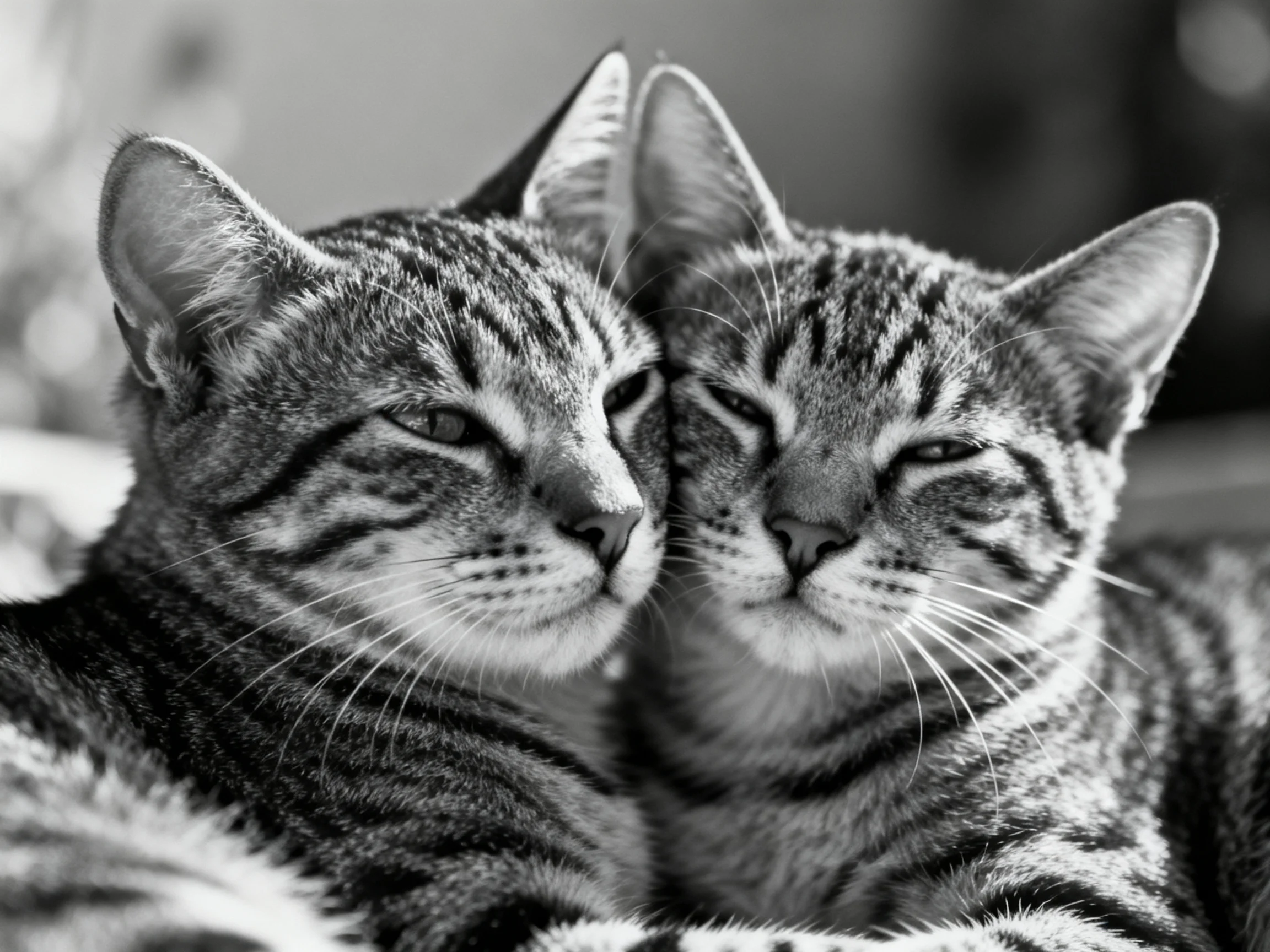 Two tabby cats nuzzling closely in a cozy indoor setting