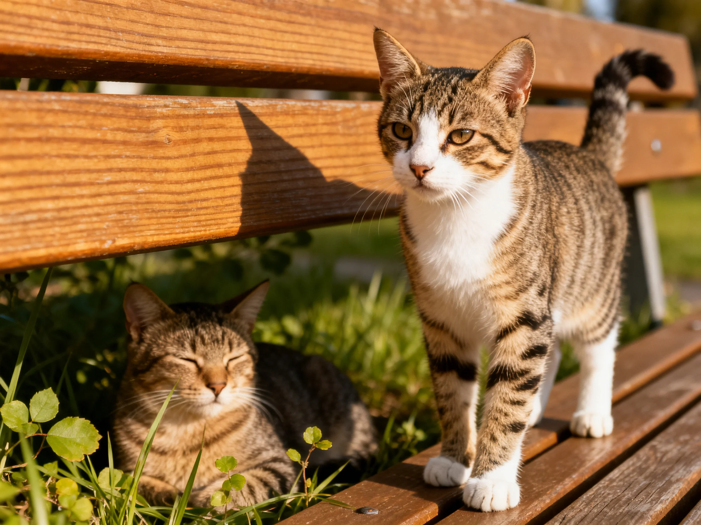 Two tabby cats, one standing on a wooden bench, one resting near greenery