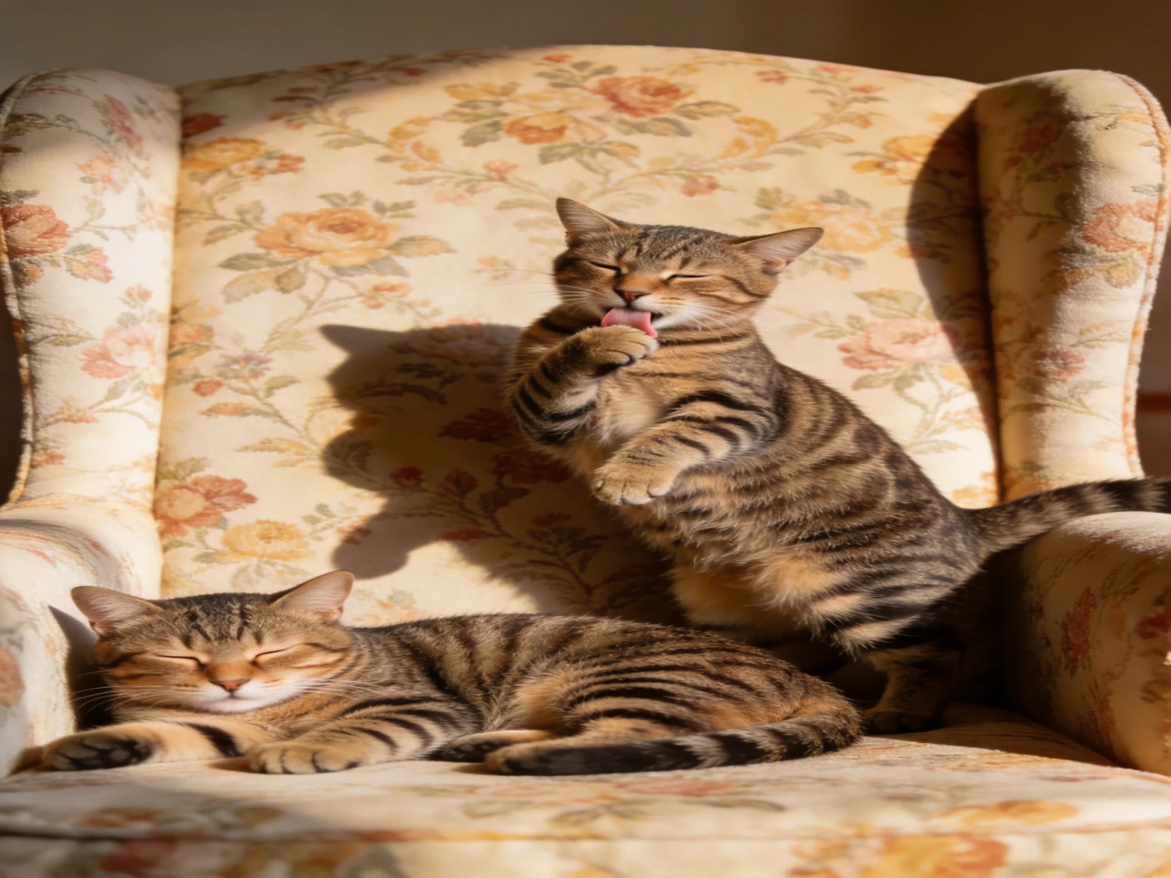 Two tabby cats relax and groom on a floral-patterned armchair