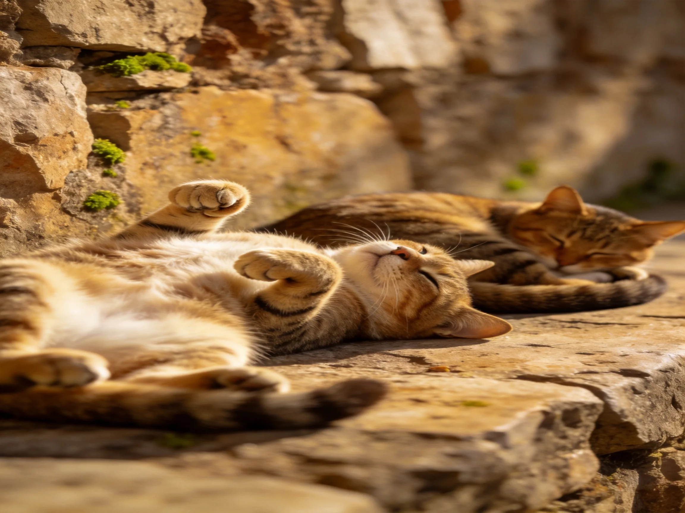 Two tabby cats relax on a sun-warmed stone ledge