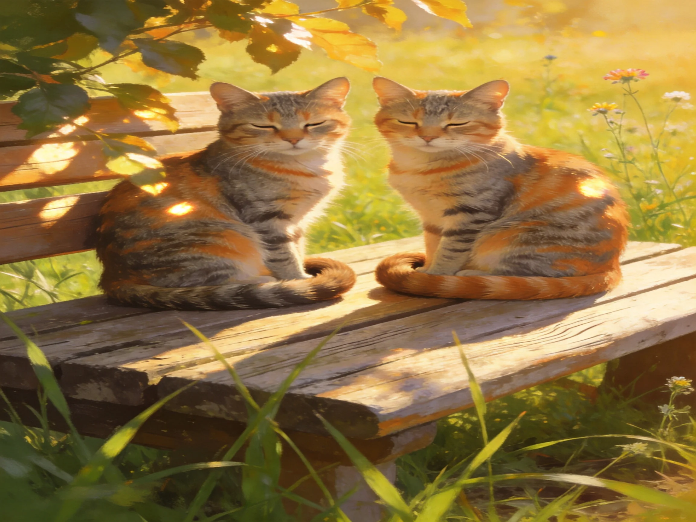 Two tabby cats relax on a weathered wooden bench amid golden sunlight