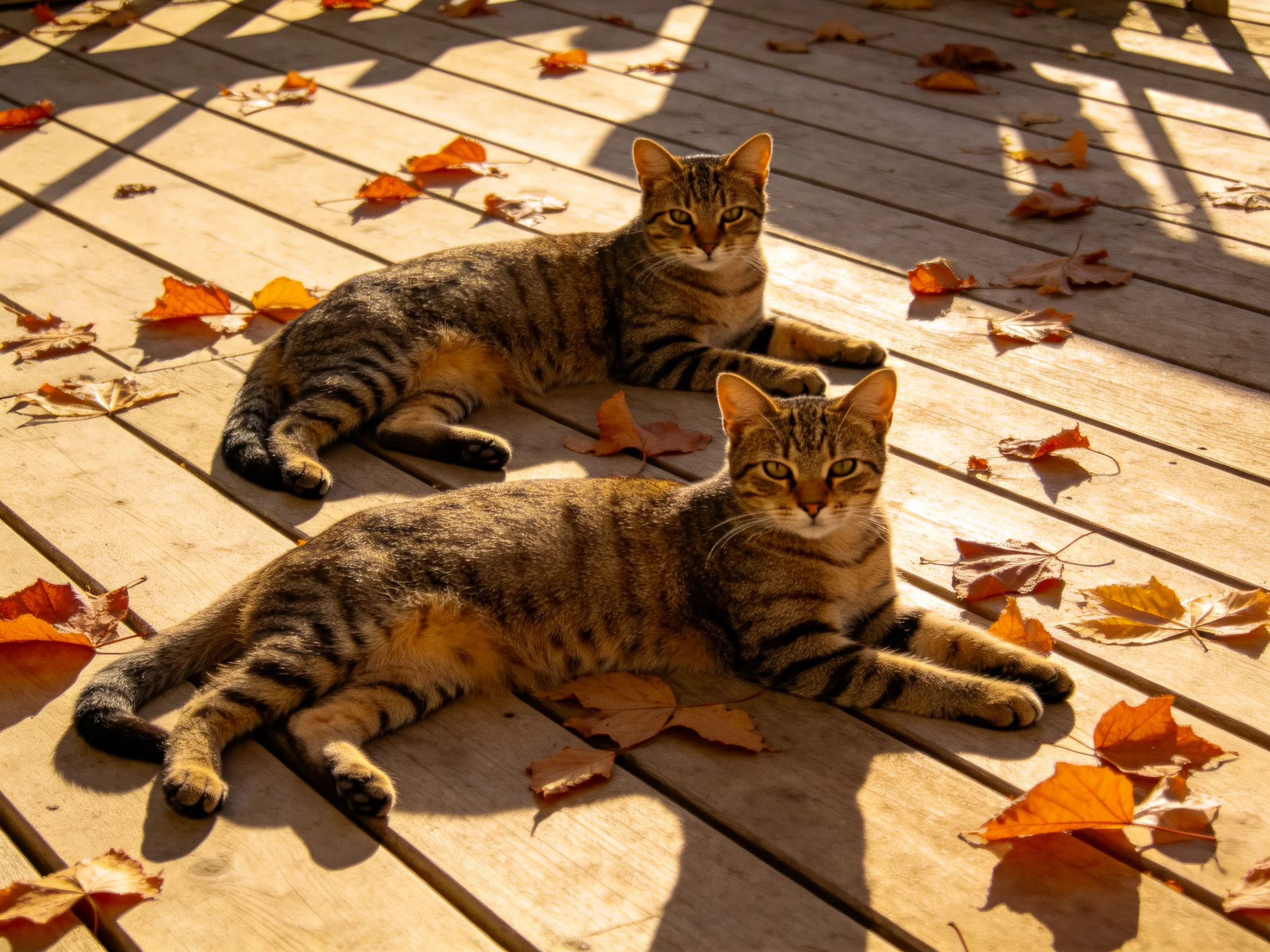 Two tabby cats relax on a wooden deck with scattered autumn leaves