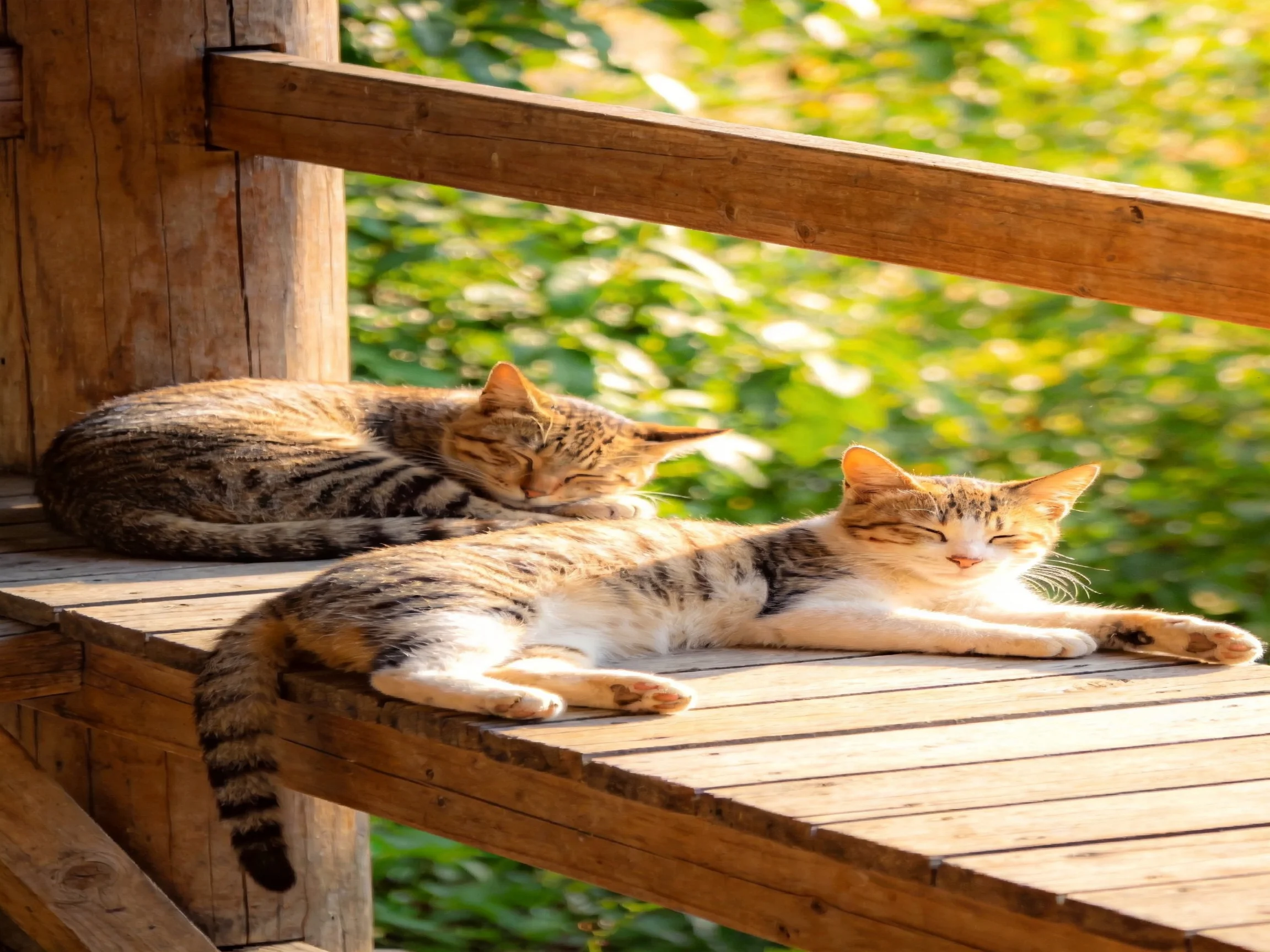 Two tabby cats relax on a wooden platform amidst green foliage