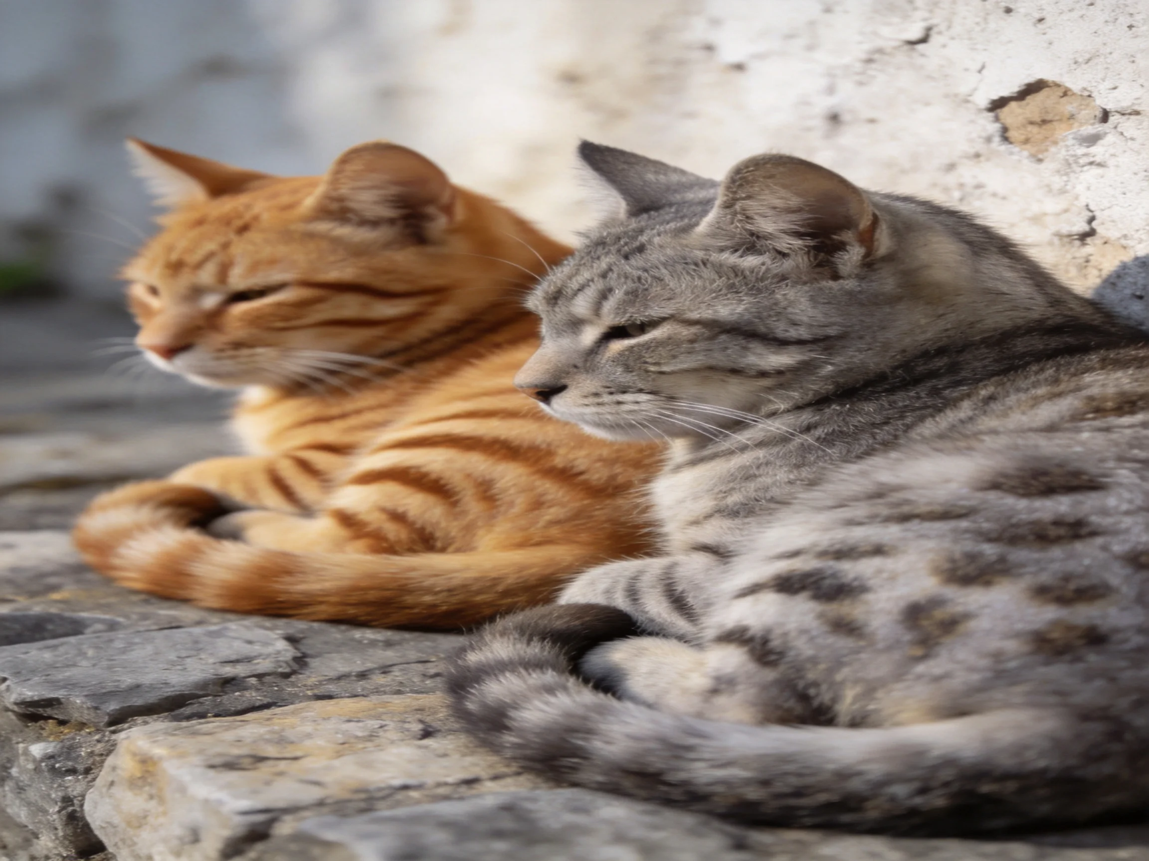 Two tabby cats rest peacefully next to a white wall on stone