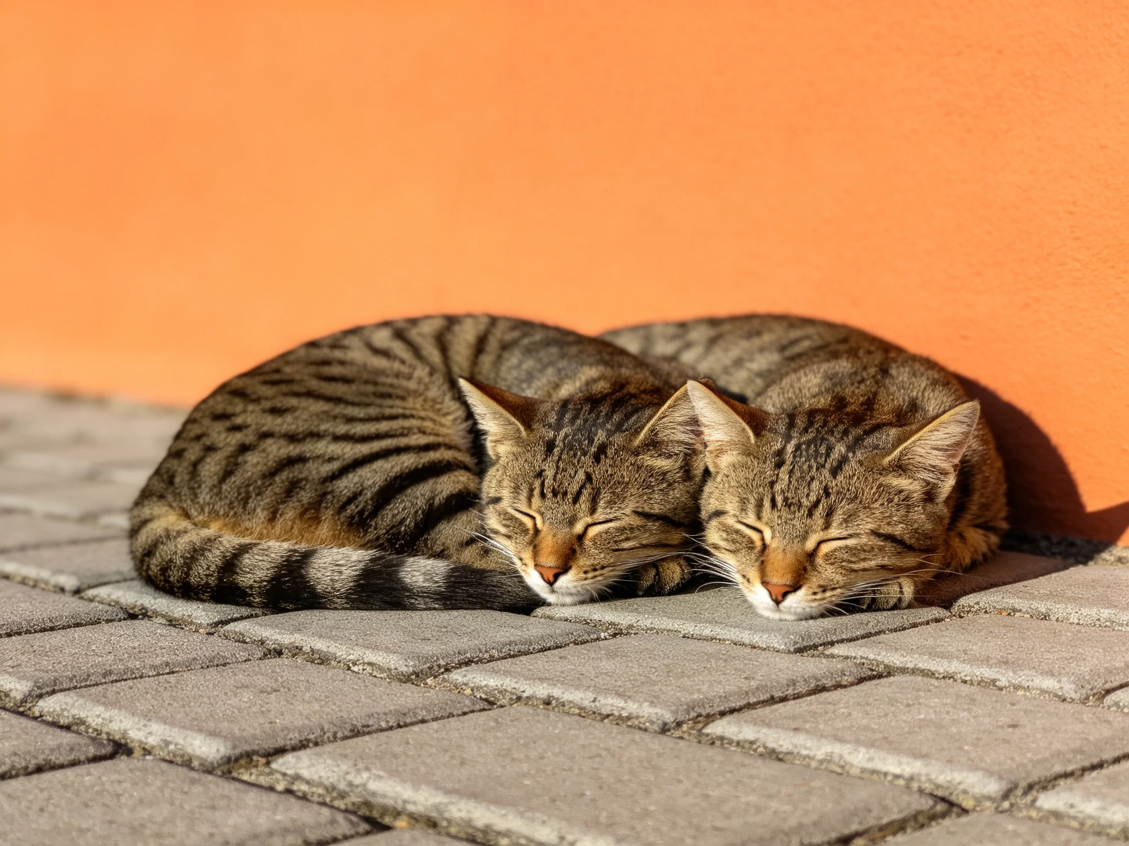 Two tabby cats rest against an orange wall on stone pavement