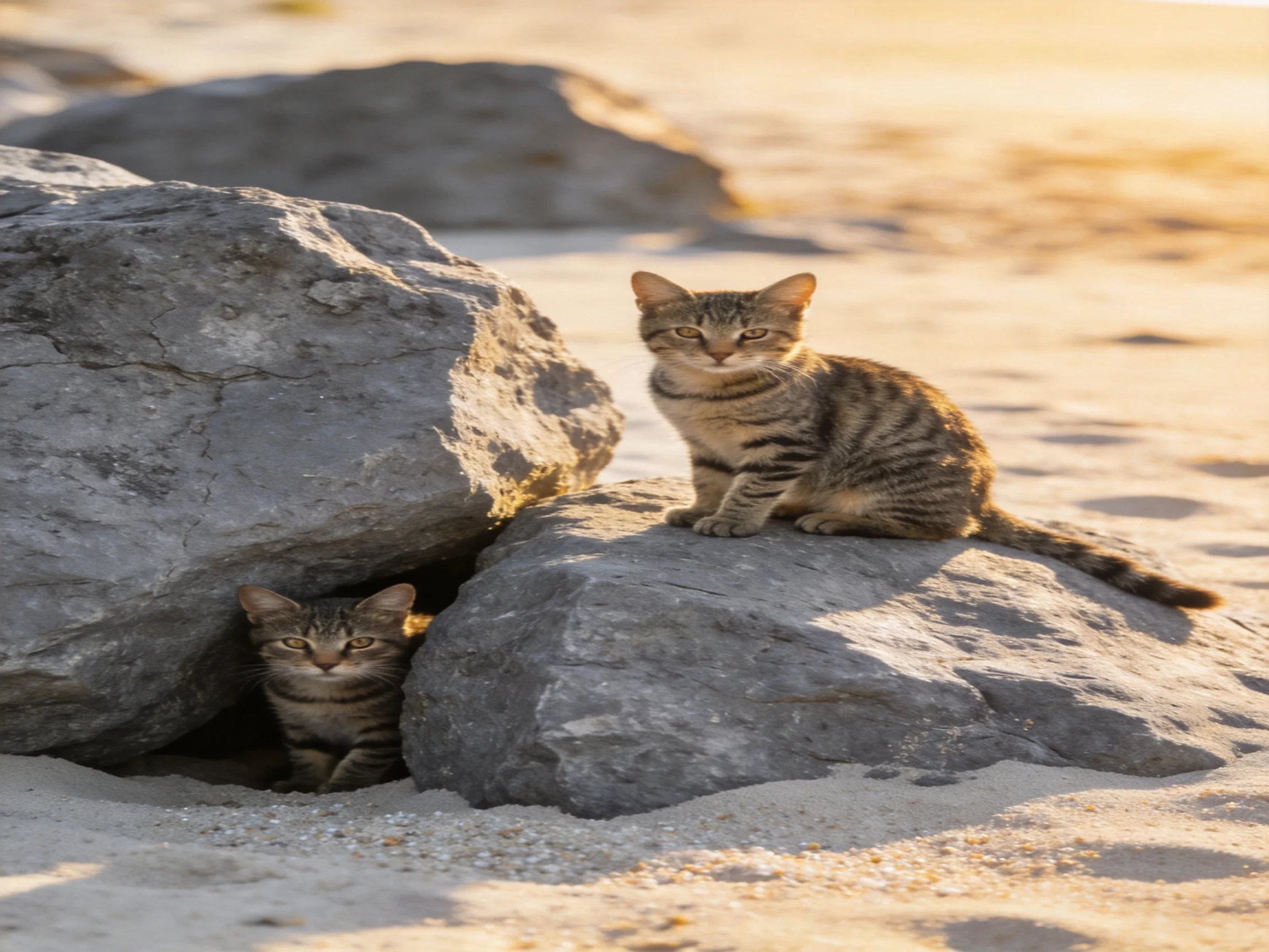 Two tabby cats rest among large gray rocks on a sandy area