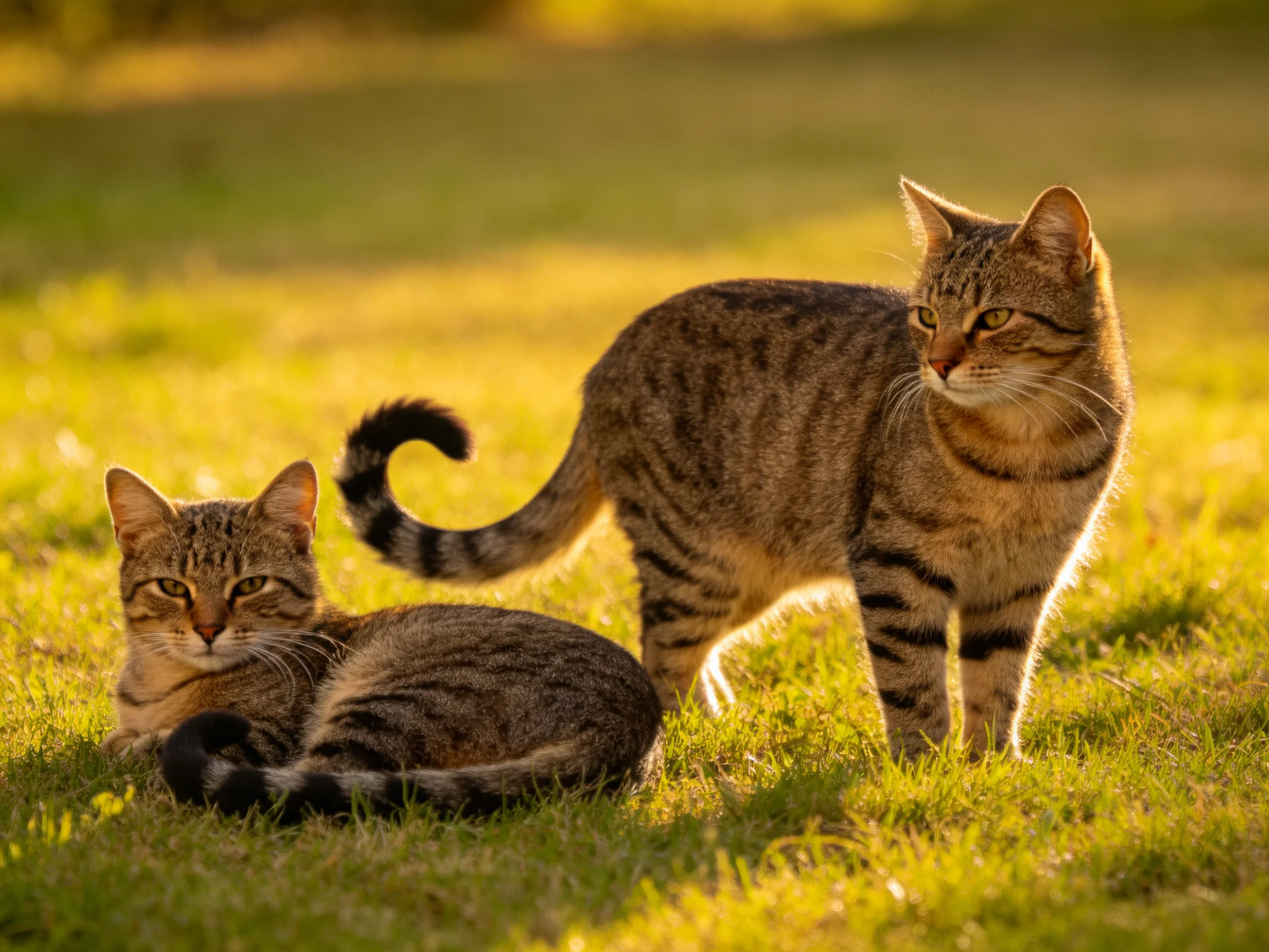Two tabby cats rest and stand on sunlit grass in an outdoor area.