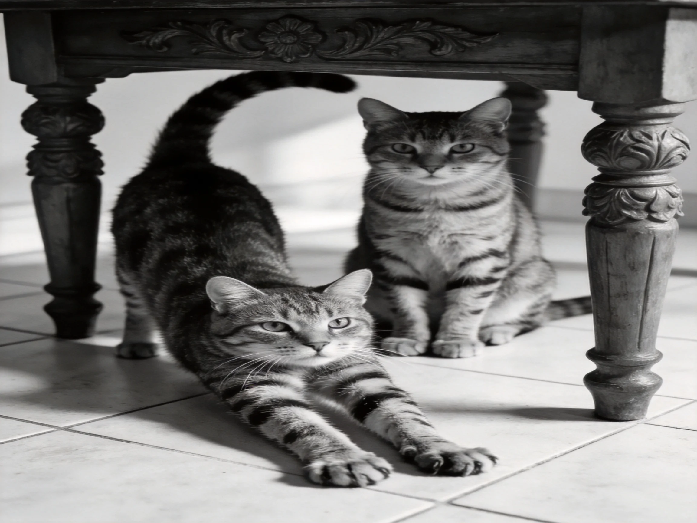 Two tabby cats rest near an ornate wooden table with tiled flooring