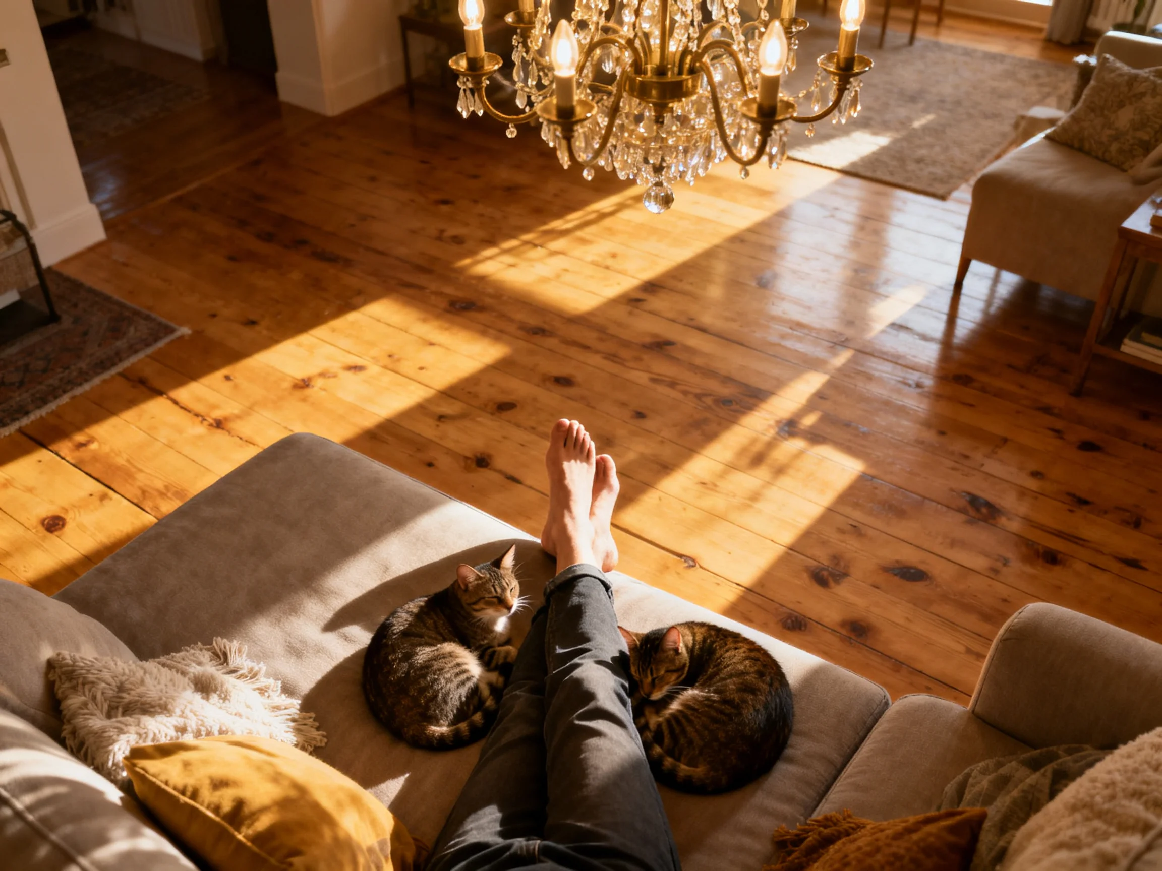 A person relaxes on a couch with two tabby cats in a sunlit living room.