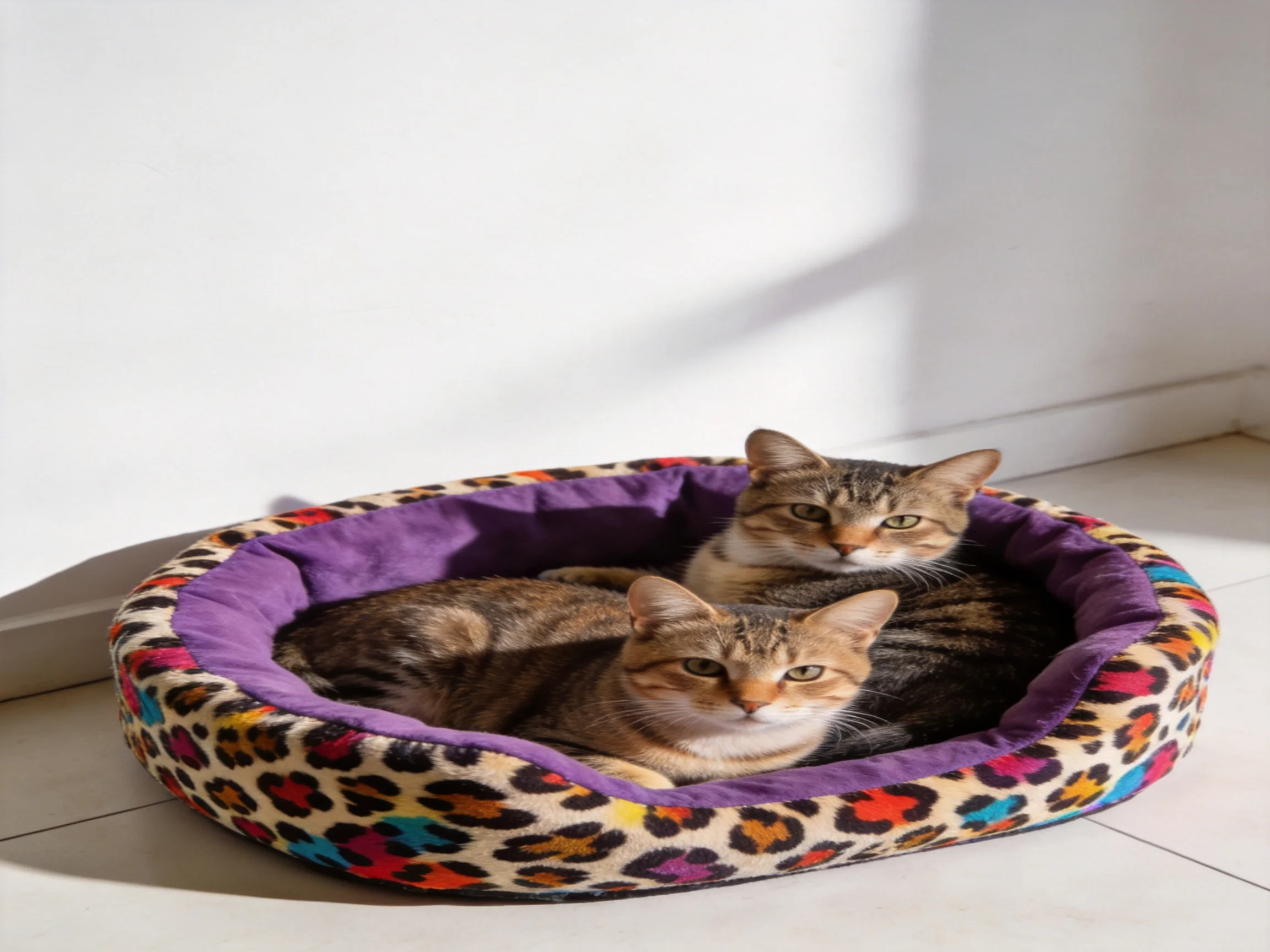 Two tabby cats rest in a colorful leopard-print pet bed with purple lining