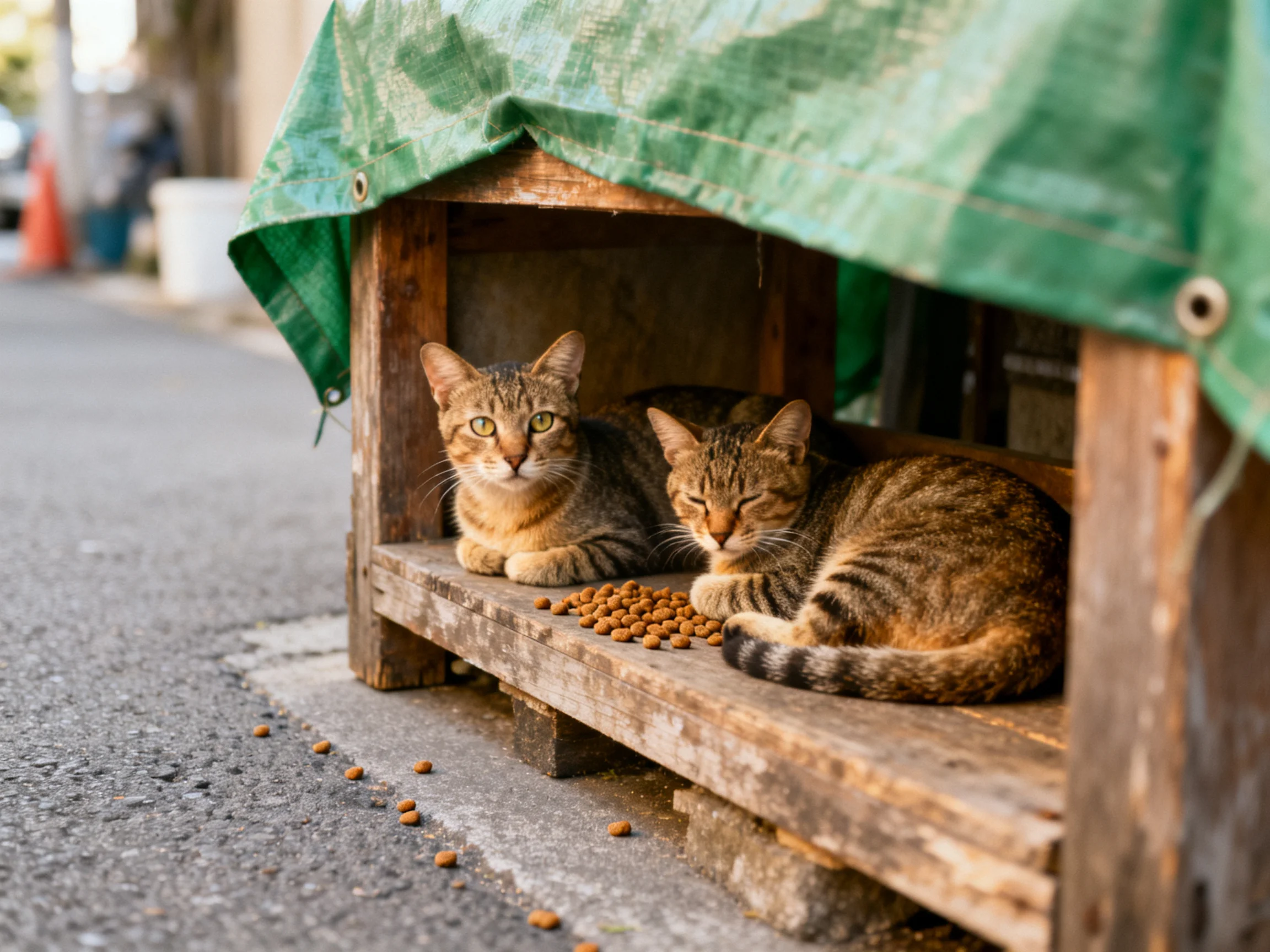 Two tabby cats relax near scattered cat food in a wooden shelter.