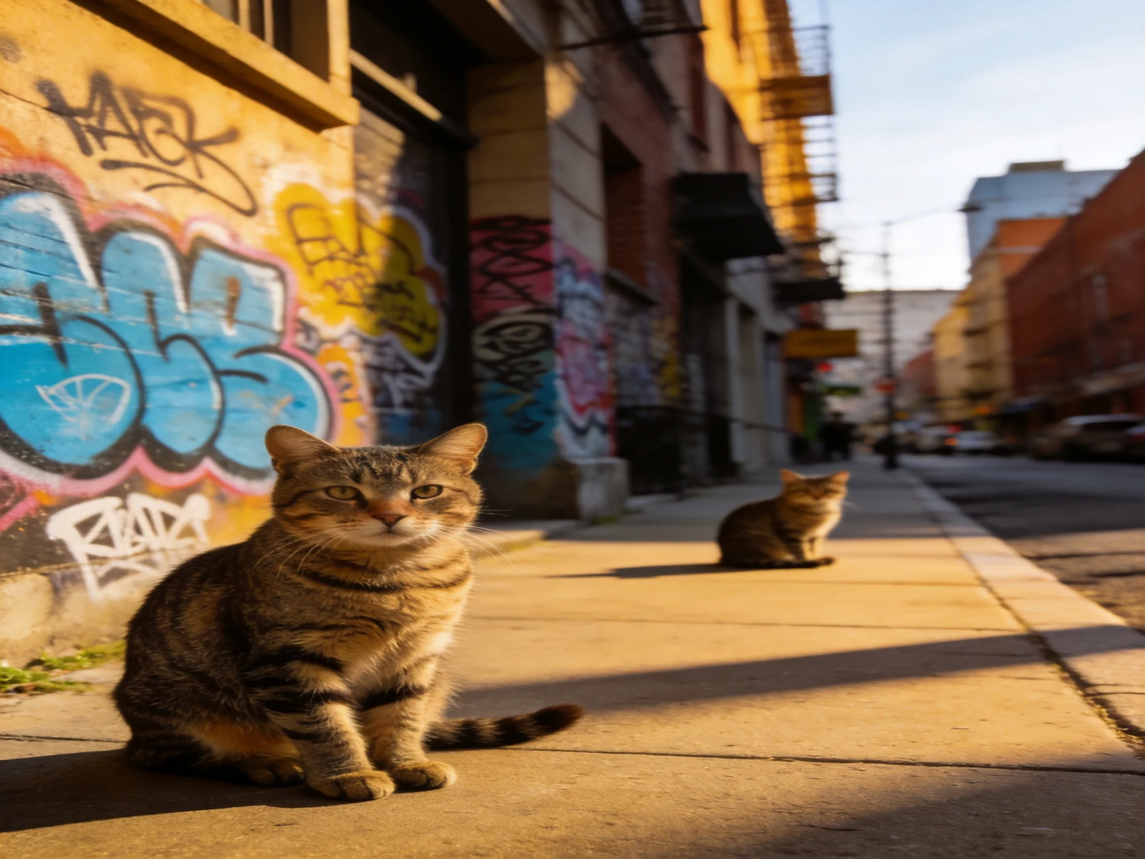 Two tabby cats sit on a sunlit sidewalk beside vibrant graffiti art