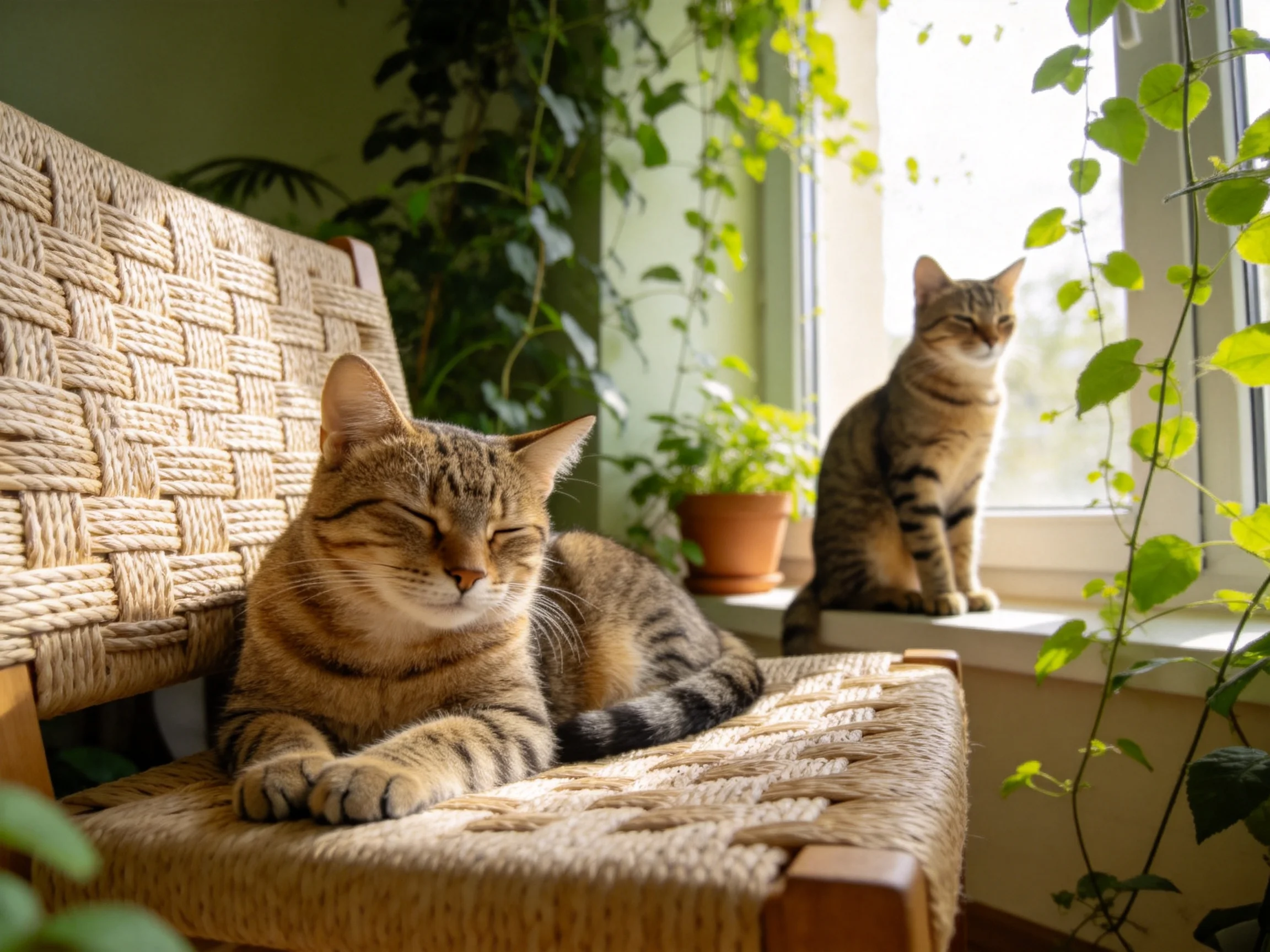 Two tabby cats relax near plants by a sunlit window.