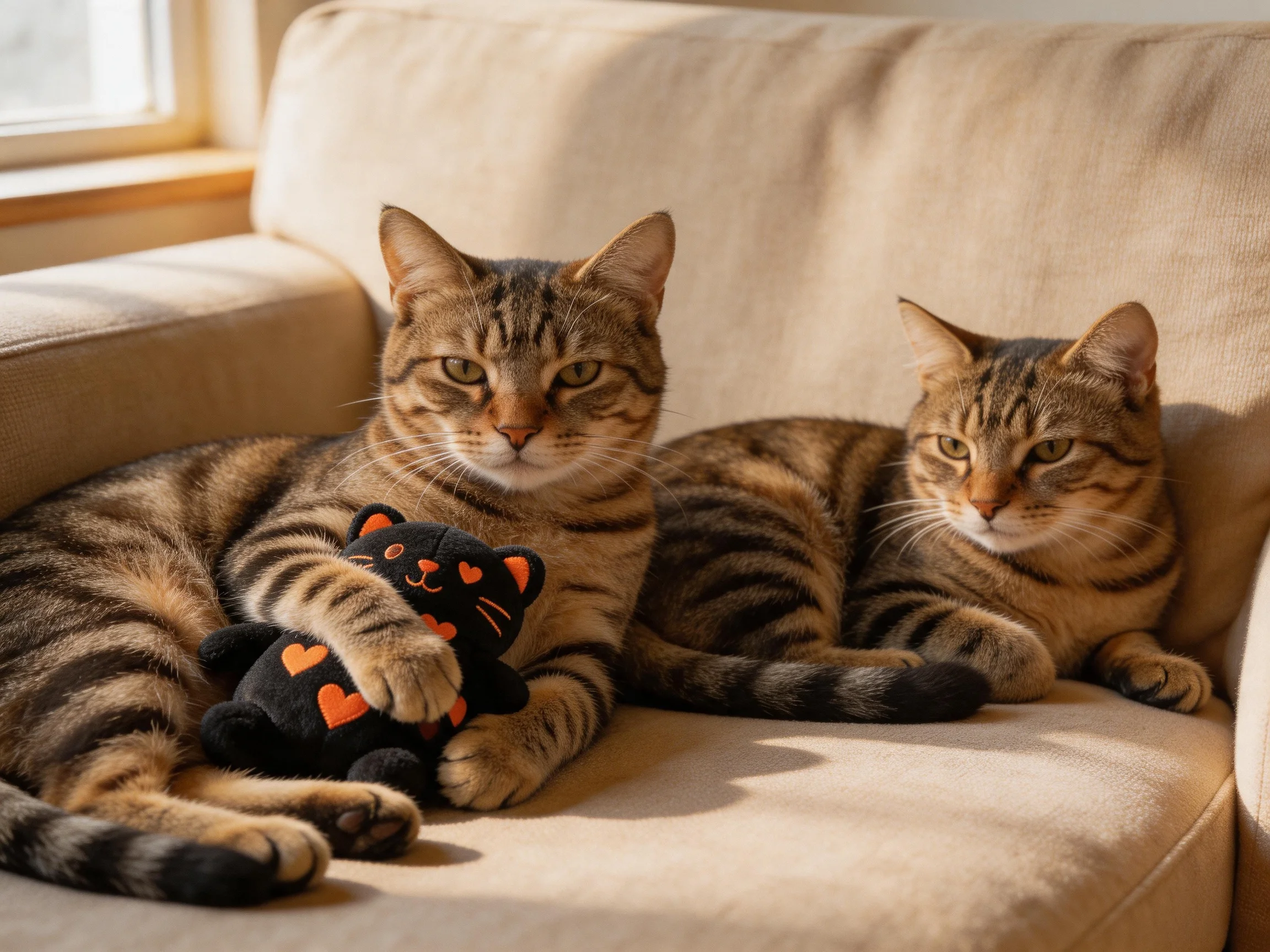 Two tabby cats rest on a beige sofa with a black plush cat toy
