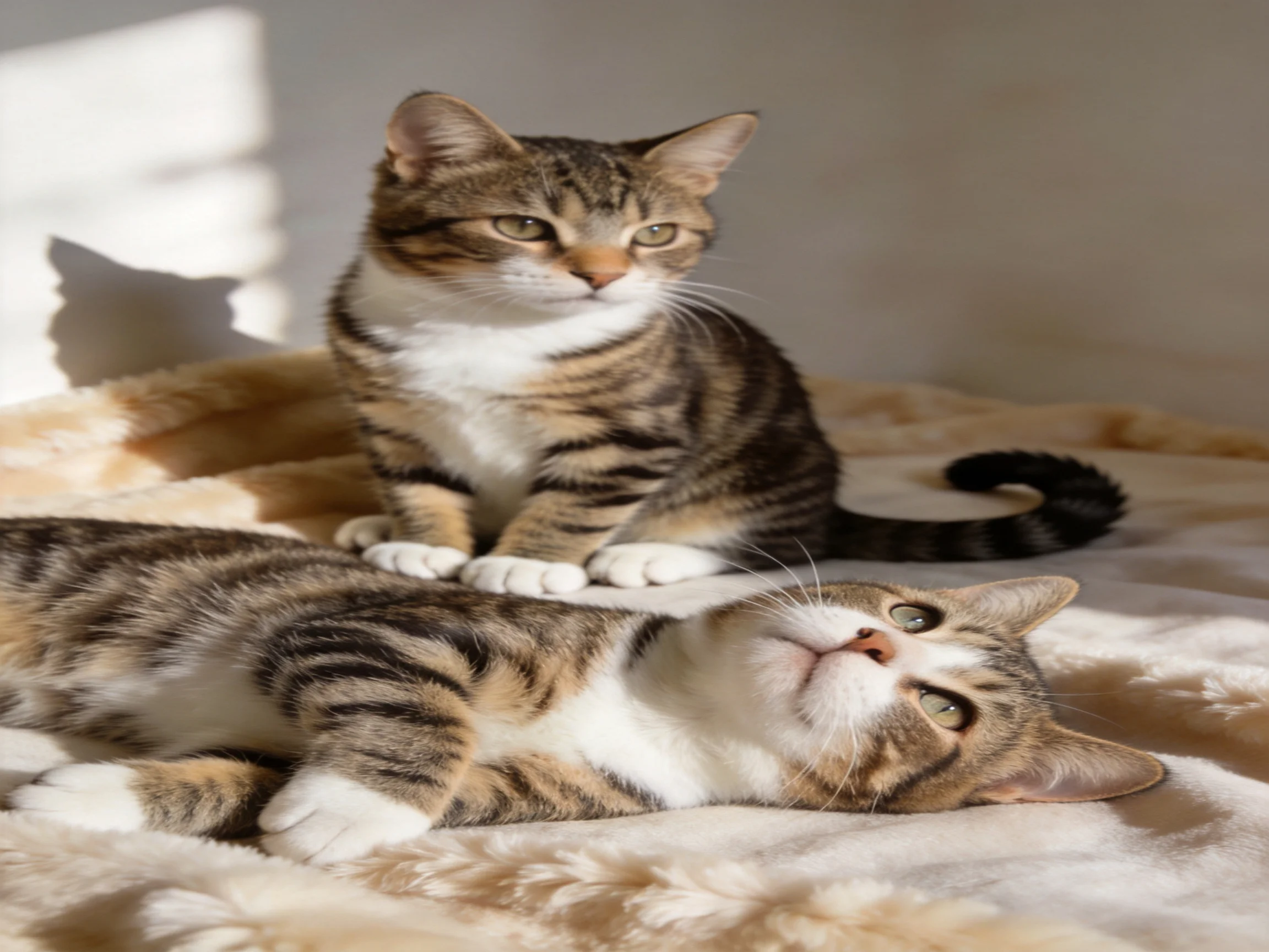 Two tabby cats rest on a soft beige blanket in warm sunlight